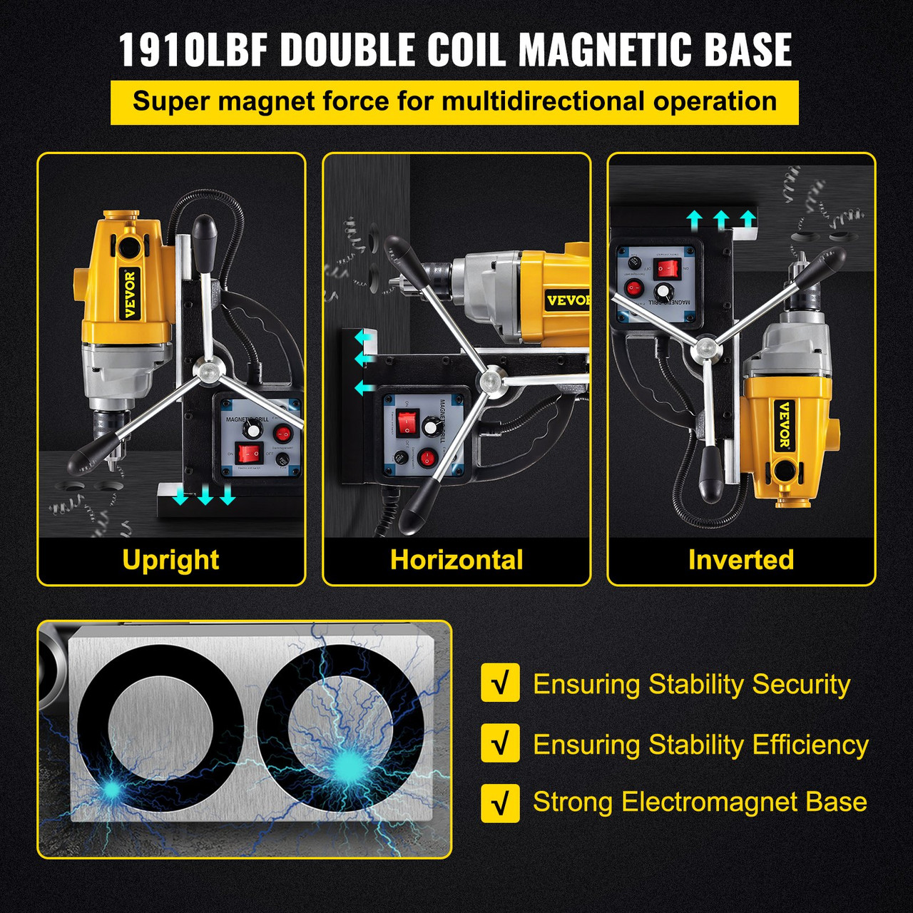 Mag Drill, 0-550 RPM Stepless Speed Electromagnetic Drill Press, 3.9" Depth 0.5" Dia Magnetic Core Drill, 1910lbf Boring Tool Drill Press, 750W Drill Press, Yellow and Black Drill Machine