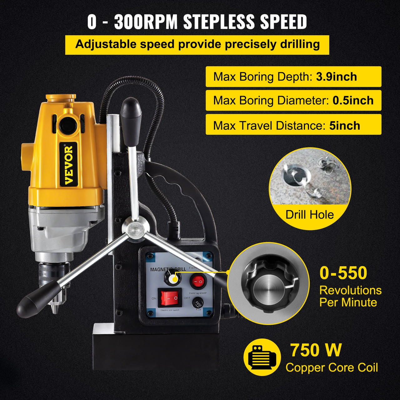 Mag Drill, 0-550 RPM Stepless Speed Electromagnetic Drill Press, 3.9" Depth 0.5" Dia Magnetic Core Drill, 1910lbf Boring Tool Drill Press, 750W Drill Press, Yellow and Black Drill Machine