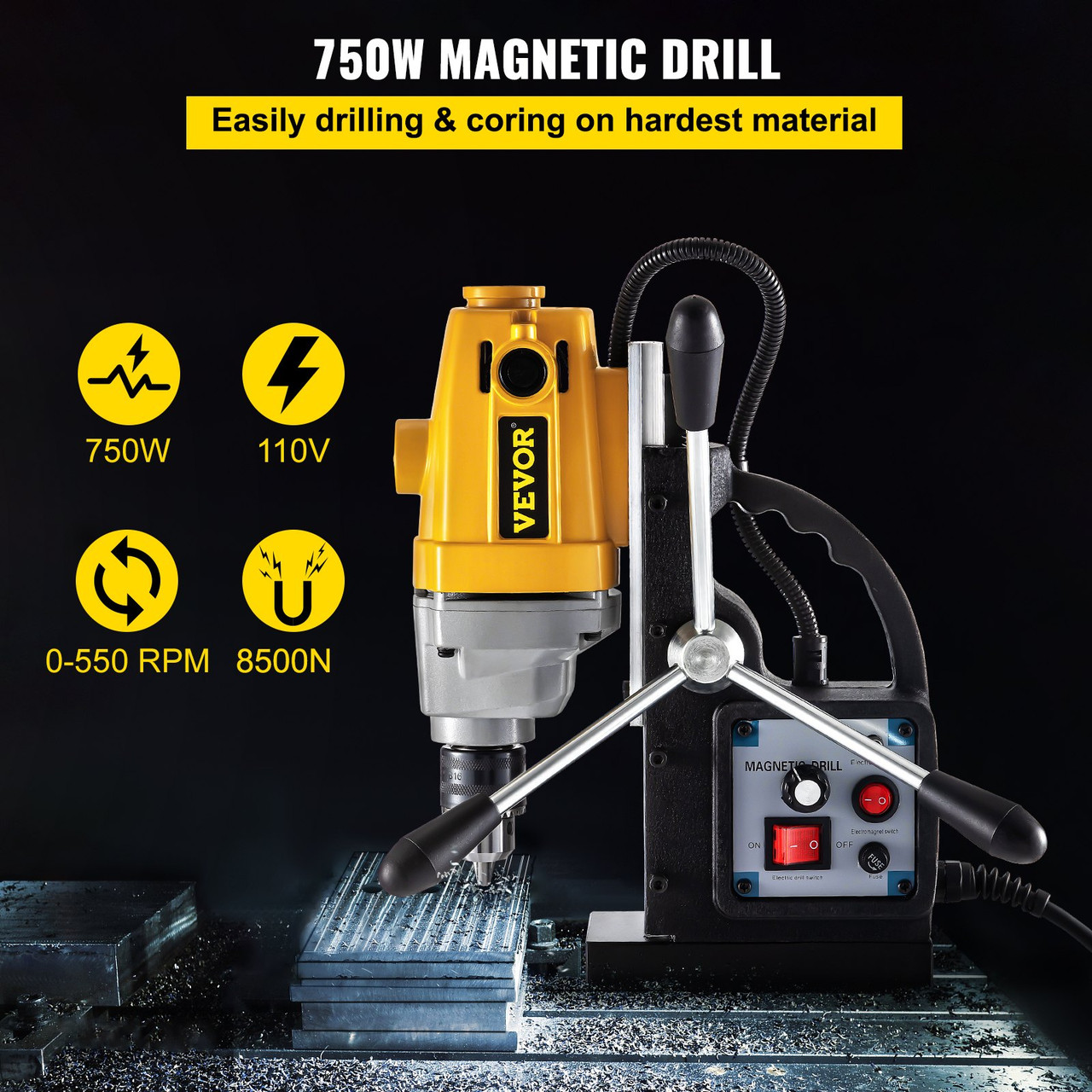 Mag Drill, 0-550 RPM Stepless Speed Electromagnetic Drill Press, 3.9" Depth 0.5" Dia Magnetic Core Drill, 1910lbf Boring Tool Drill Press, 750W Drill Press, Yellow and Black Drill Machine