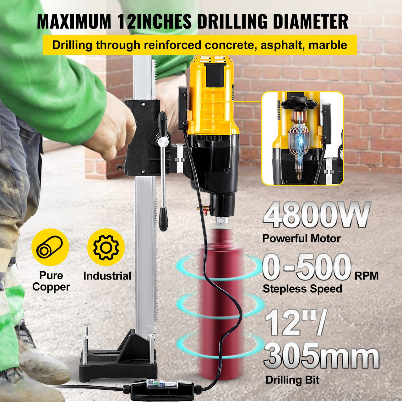Core Drill Machine 305MM/12 Inches Core Drill Rig 4800W Powerful Rugged Diamond Concrete Core Drill with Stand Tool Wet Dry Concrete Brick Block Drilling (Drill Bit Diameter: 4"/100MM)