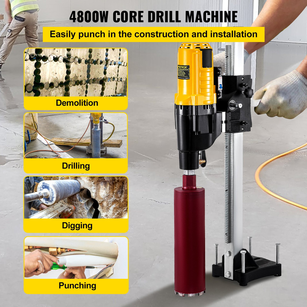 Core Drill Machine 305MM/12 Inches Core Drill Rig 4800W Powerful Rugged Diamond Concrete Core Drill with Stand Tool Wet Dry Concrete Brick Block Drilling (Drill Bit Diameter: 4"/100MM)