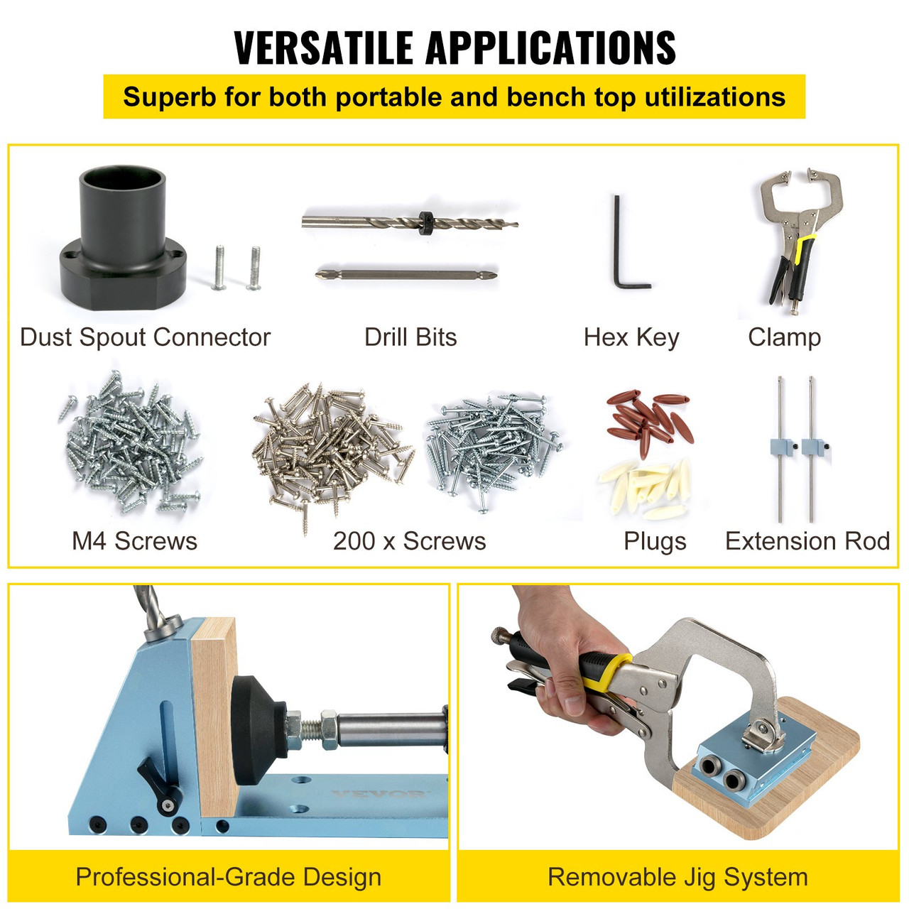 Pocket Hole Jig Kit, Aluminum Punch Locator, Adjustable & Easy to Use Joinery Woodworking System, Guides Joint Angle w/Extension Rod Clamping Pliers 200PCS Screws for DIY Carpentry Projects