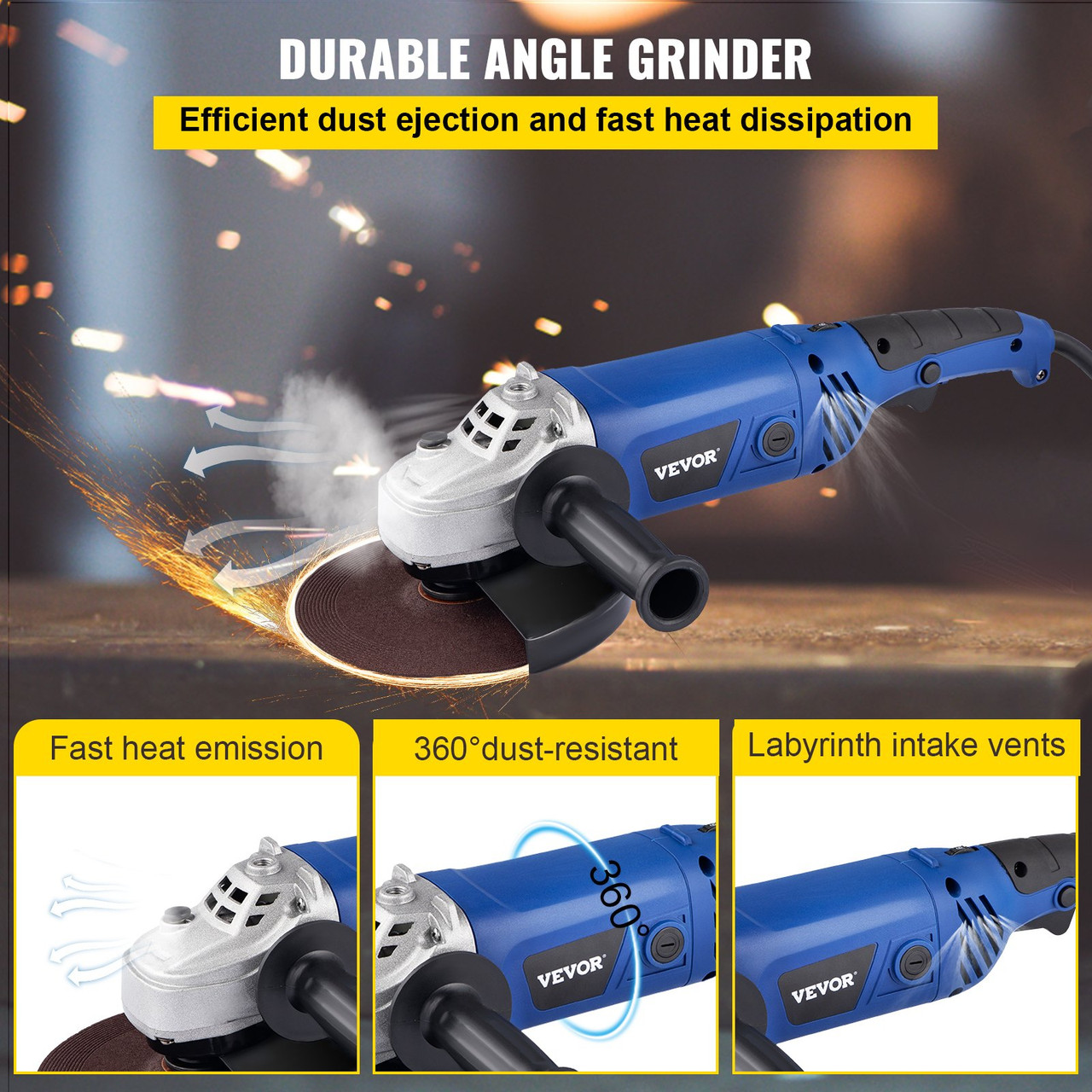 Angle Grinder, 7 Inch Powerful Grinder Tool 15 Amp Power Grinder with Variable Speed and 360° Rotational Guard, 8000rpm Power Angle Grinders for Cutting and Grinding Metal, Stone, Wood, etc