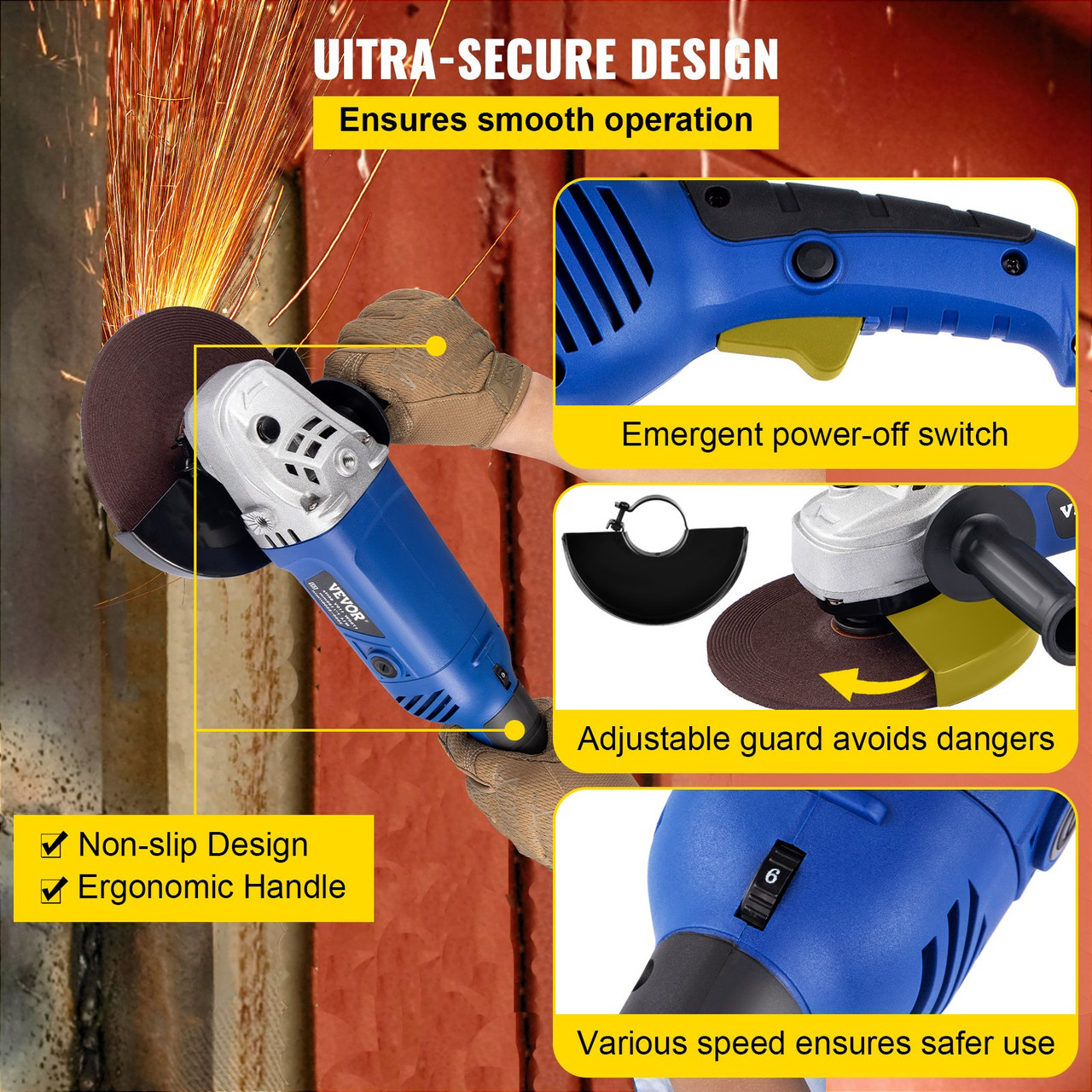 Angle Grinder, 7 Inch Powerful Grinder Tool 15 Amp Power Grinder with Variable Speed and 360ø Rotational Guard, 8000rpm Power Angle Grinders for Cutting and Grinding Metal, Stone, Wood, etc