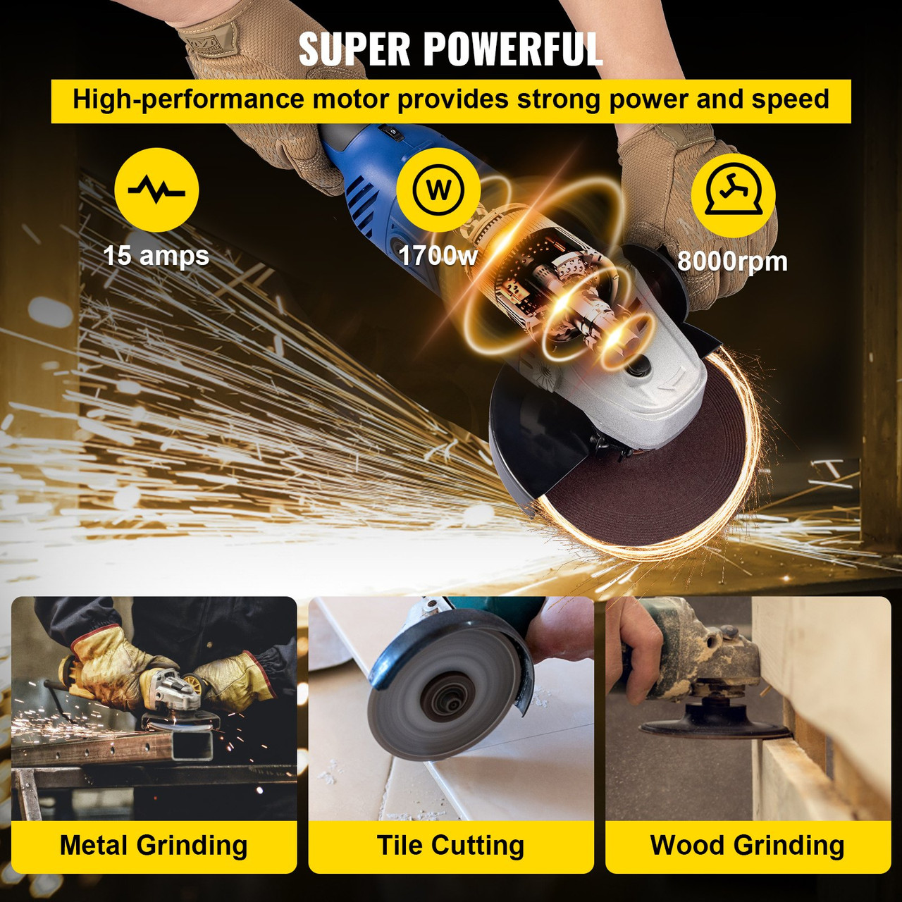 Angle Grinder, 7 Inch Powerful Grinder Tool 15 Amp Power Grinder with Variable Speed and 360ø Rotational Guard, 8000rpm Power Angle Grinders for Cutting and Grinding Metal, Stone, Wood, etc