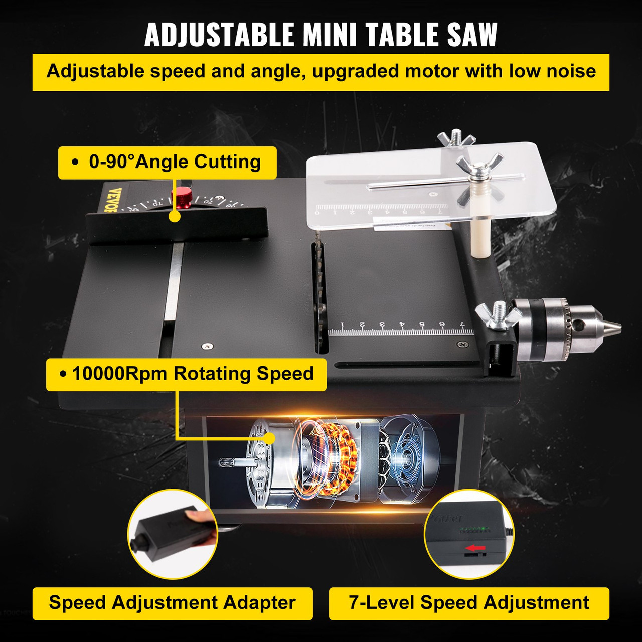 Mini Table Saw, 96W Hobby Table Saw for Woodworking, 0-90 Angle Cutting Portable DIY Saw, 7-Level Speed Adjustable Multifunctional Table Saws, 1.3in Cutting Depth Mini Precision Table Saw Item