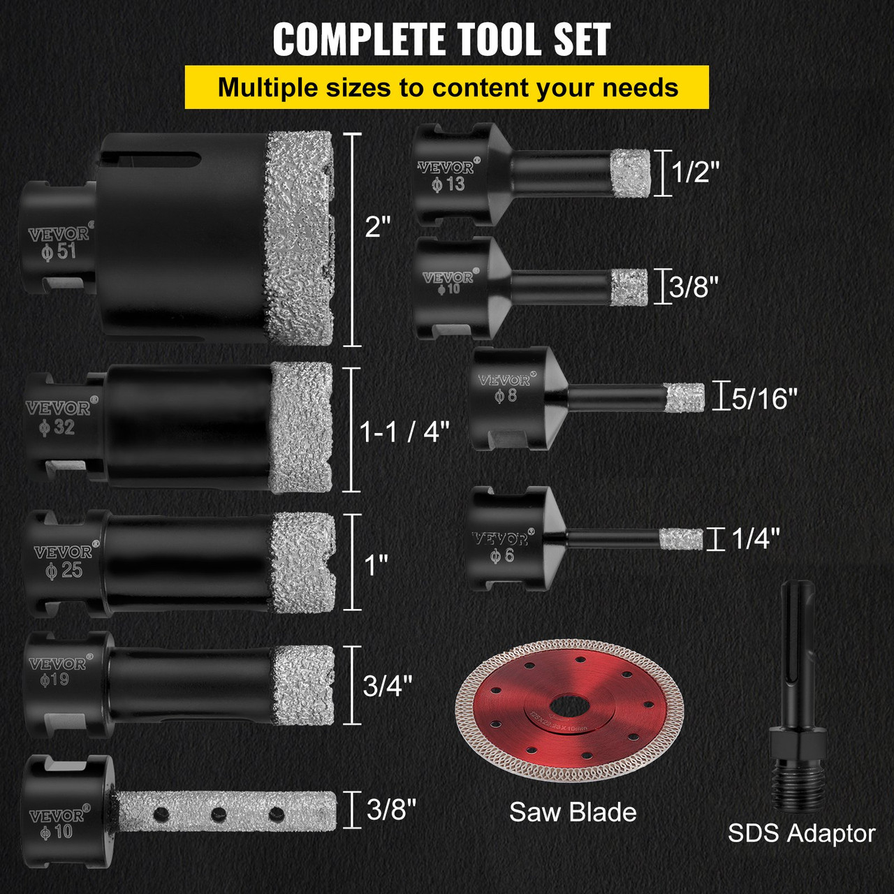 Diamond Drill Bits 6/8/10/13/19/25/32/51 mm Diamond Hole Saw Brazed Tile Hole Saw Kit 0.59in Segment Diamond Drill Bit Finger Bit SDS Tile Hole Saw with a Blade for Tile Ceramic Porcelain Marbl