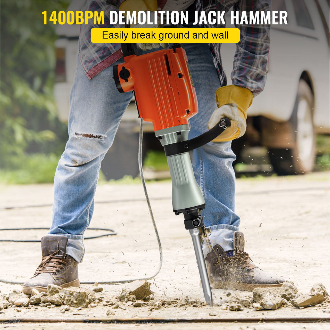 Demolition Jack Hammer 2200W Jack Hammer Concrete Breaker 1400 BPM Heavy Duty Electric Jack Hammer 6pcs Chisels Bit w/Gloves & 360øC Swiveling Front Handle for Trenching and Breaking Holes