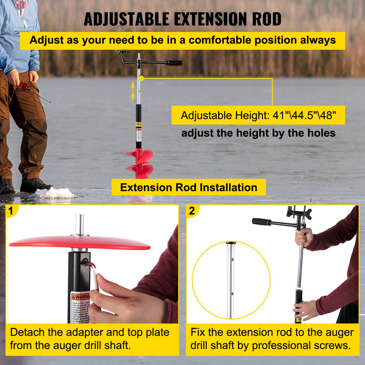 Ice Auger, 8'' Ice Augers for Ice Fishing, Ice Fishing Auger with Universal  Adapter & Top Plate