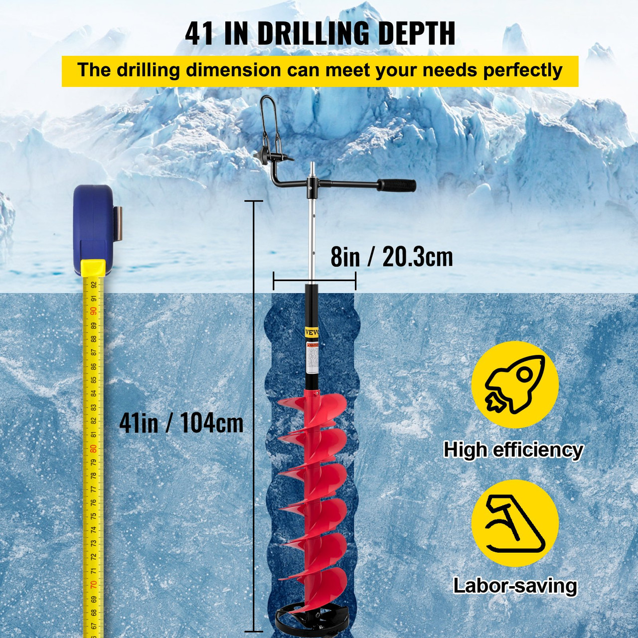 Ice Drill Auger Nylon Ice Auger Bit 8'' x 41'' Drill Adapter Ice