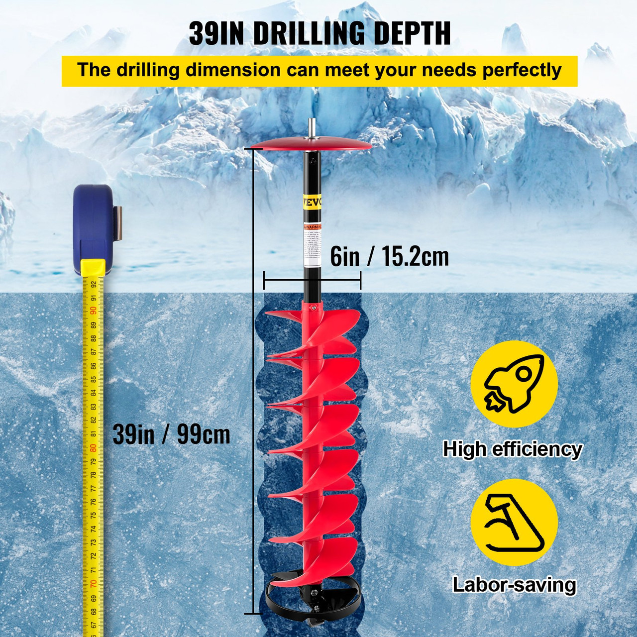 Ice Drill Auger Nylon Ice Auger Bit 6''x39'' Drill Adapter Ice Fishing Red