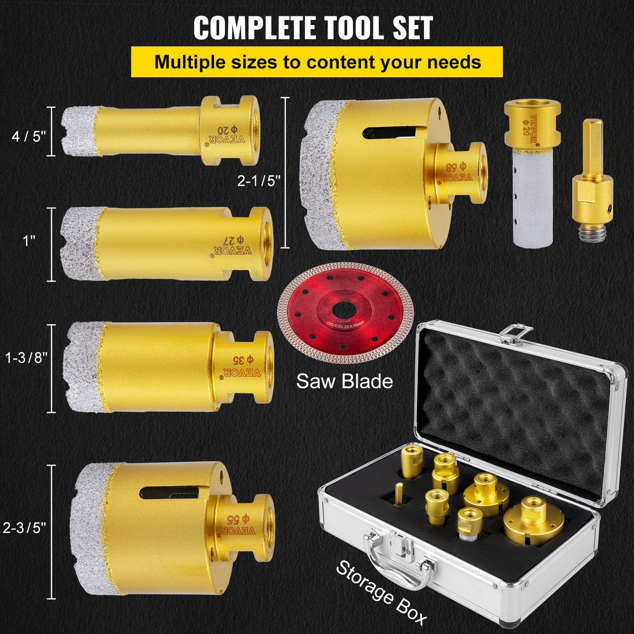 Diamond Drill Bits 7PCS Diamond Hole Saw 20/27/35/55/68mmTile Hole Saw Kit Vacuum Brazed Diamond Drill Bit 0.59in/15mm Segment Tile Hole Saw w Storage Case for Tile Ceramic Porcelain Marble