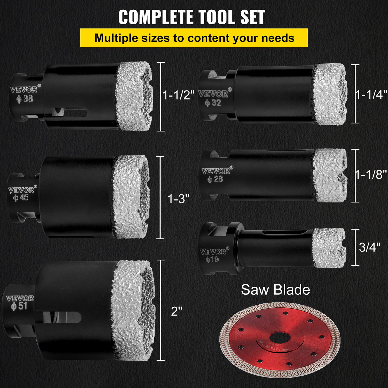 Diamond Drill Bits 6PCS Diamond Hole Saw 19/28/32/38/45/51 mm Tile Hole Saw Kit Vacuum Brazed Diamond Drill Bit 0.59in Segment Tile Hole Saw with a Blade for Tile Ceramic Porcelain Marble