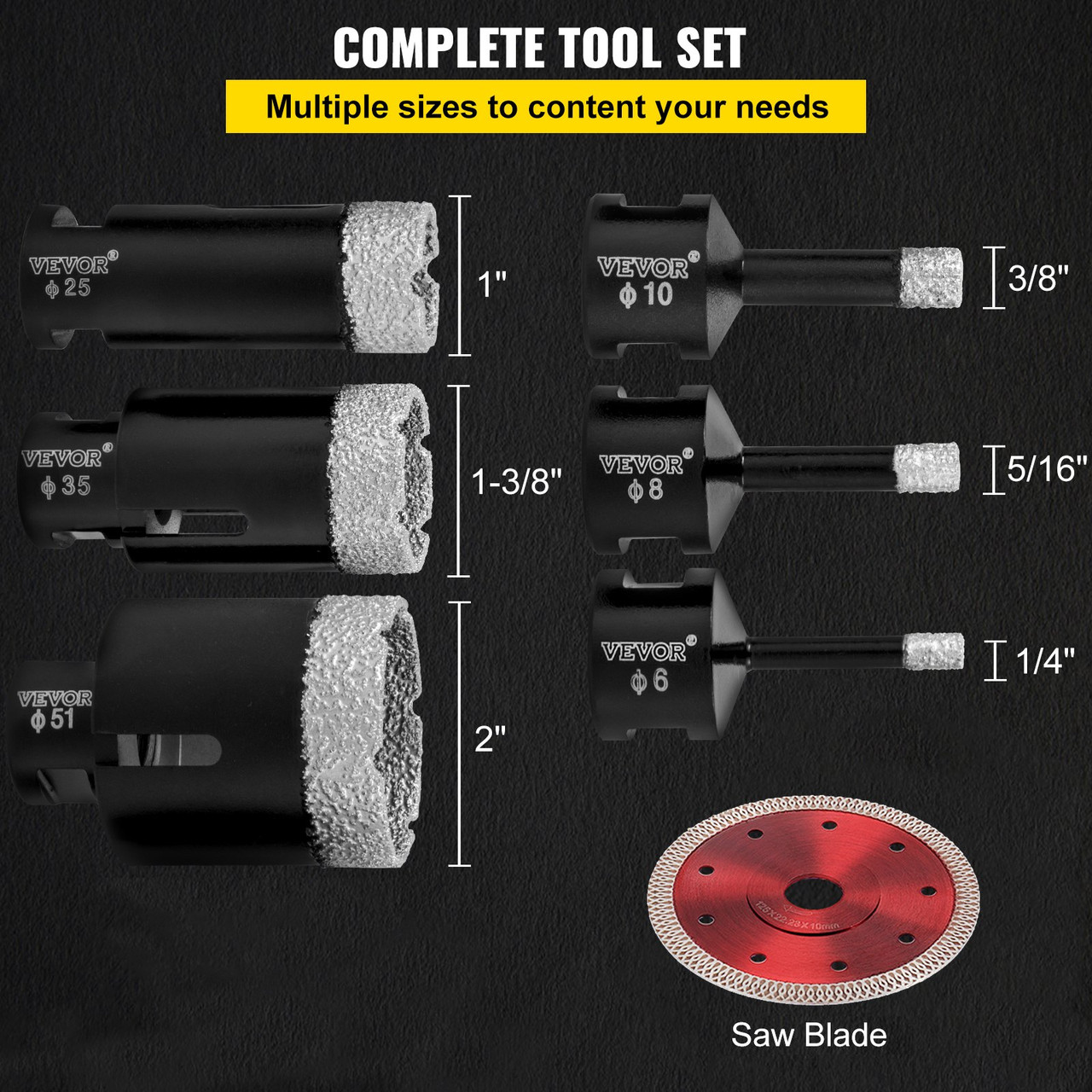 Diamond Drill Bits 6PCS Diamond Hole Saw 6/8/10/25/35/51 mm Tile Hole Saw Kit Vacuum Brazed Diamond Drill Bit 0.59in Segment Tile Hole Saw with a Blade for Tile Ceramic Porcelain Marble Stone