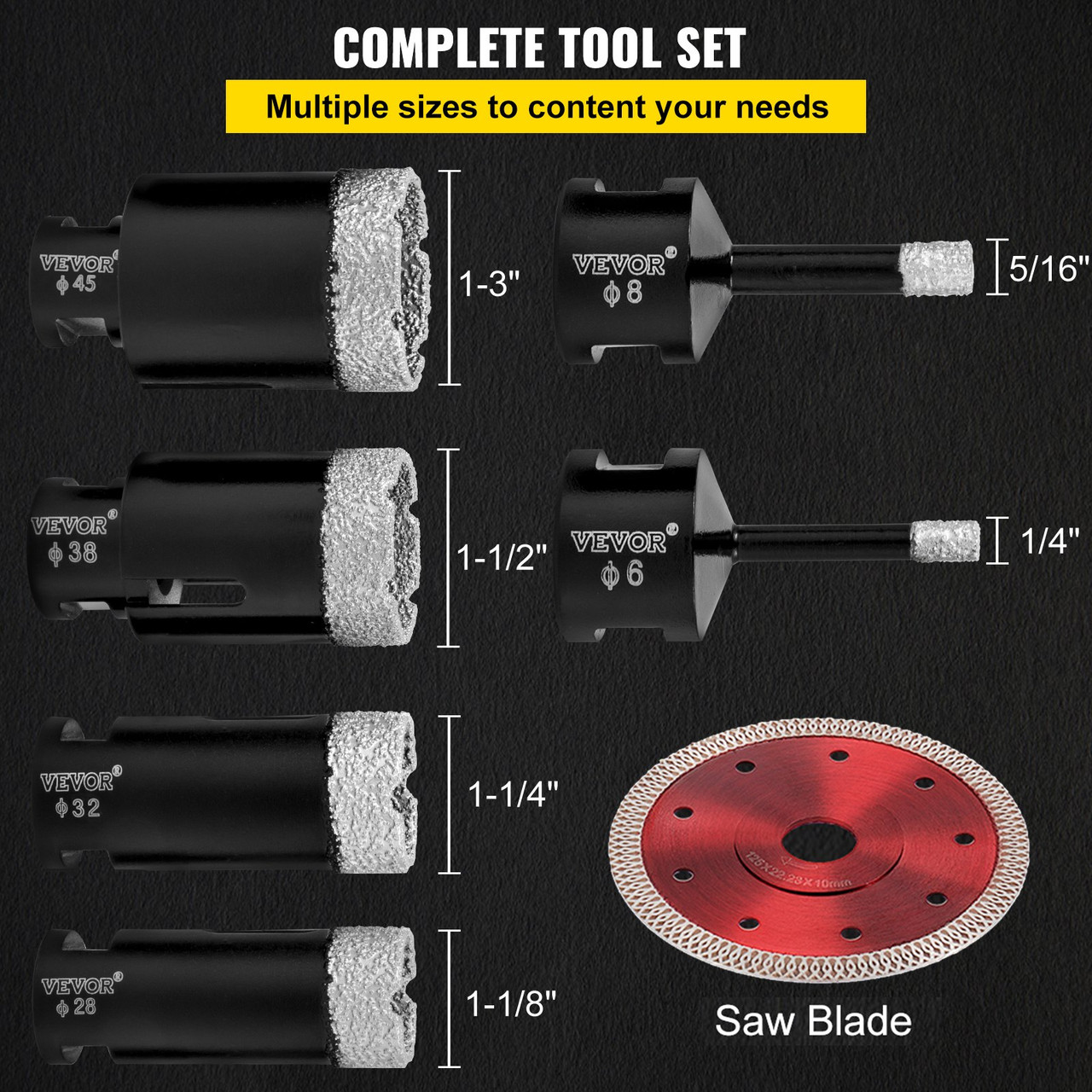 Diamond Drill Bits 6PCS Diamond Hole Saw 6/8/28/32/38/45 mm Tile Hole Saw Kit Vacuum Brazed Diamond Drill Bit 0.59in Segment Tile Hole Saw with a Blade for Tile Ceramic Porcelain Marble Stone
