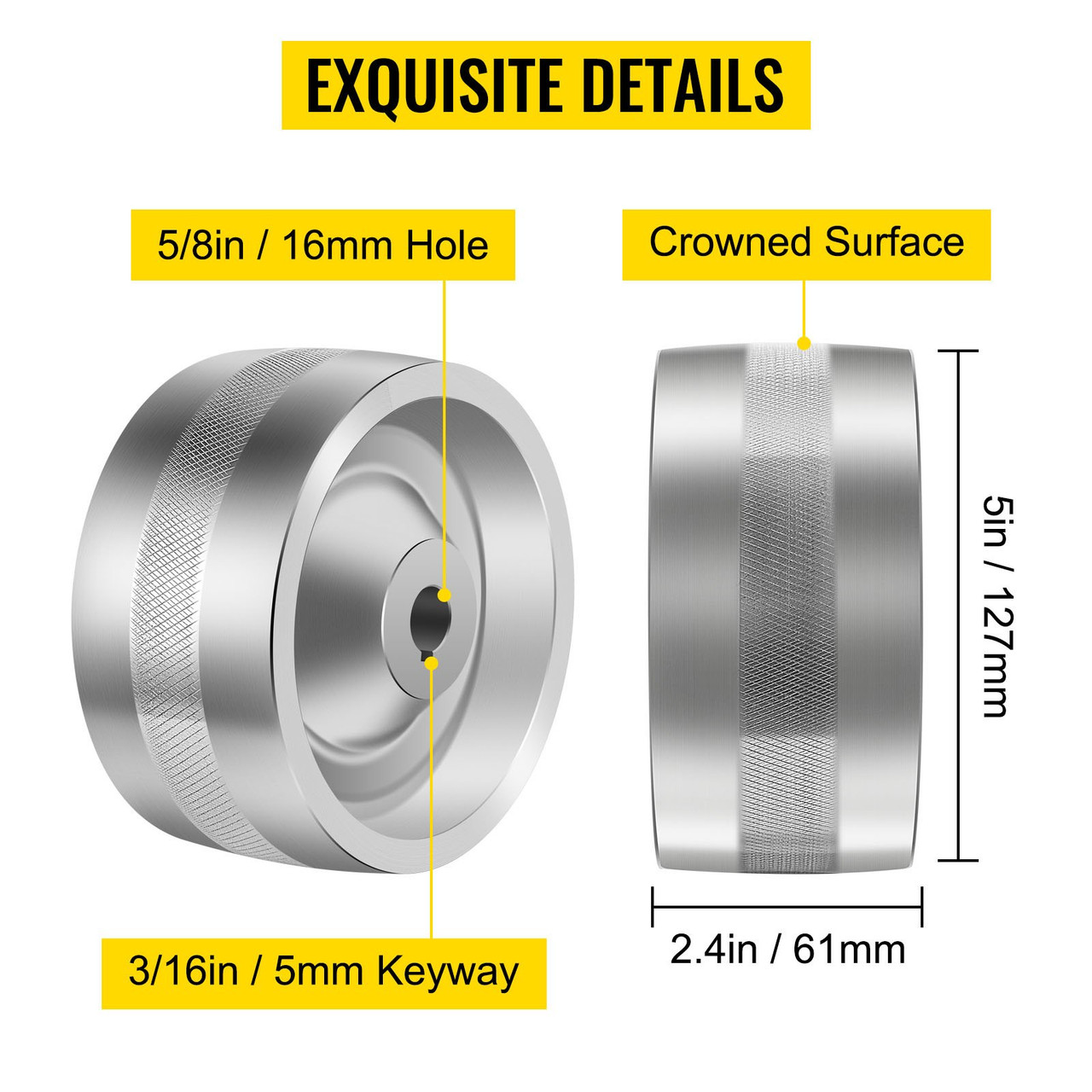 Belt Grinder Drive Wheel 5" Diameter, 2"x72" Knife Grinder Drive Wheel 5/8" Bore/Shaft, Aluminum Belt Grinder Wheel Crowned, for Knife Making Grinder Polishing & Belt Machine Woodworking DIY