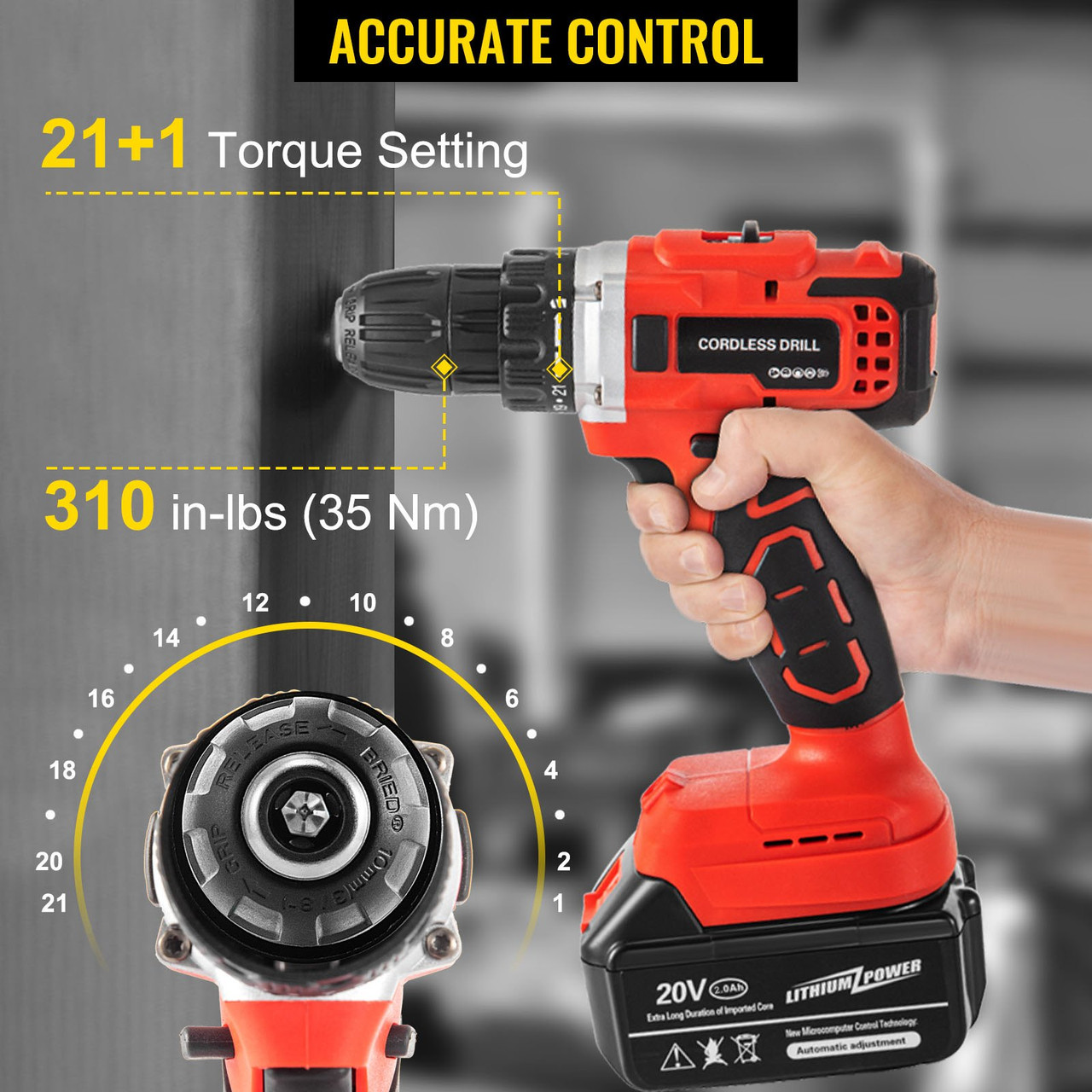 Cordless Drill Set, 20V Electric Power Brushless Drill with 2