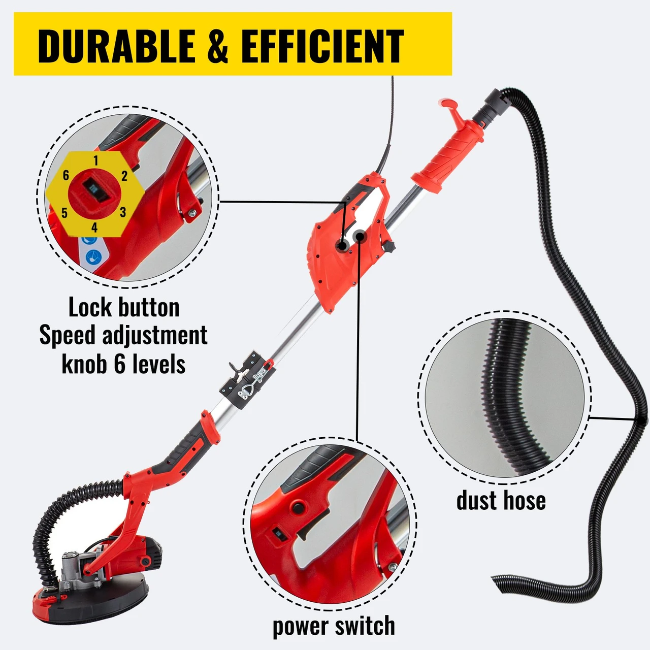 Drywall Sander 850W, Variable Speed Wall Sander 800-1750RPM with 12 Sand Pads, Electric Drywall Sander Foldable Sheetrock Sander with Extendable Handle, 2M Dust Hose and Work Gloves