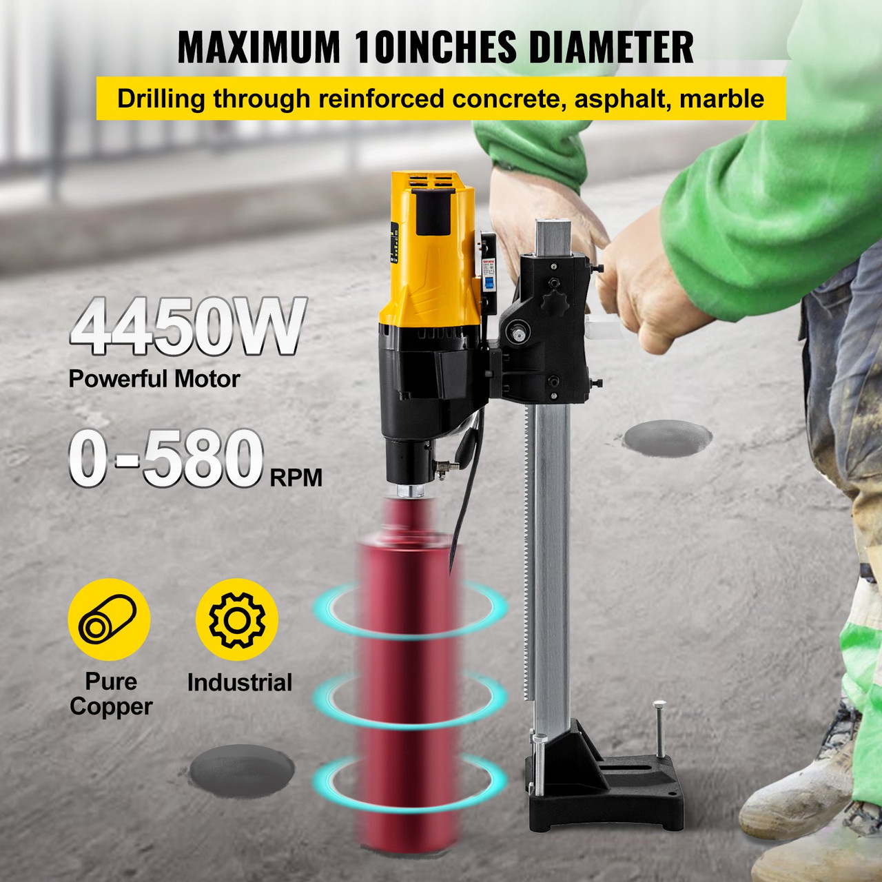 Diamond Core Drilling Machine, 10'/255 mm Capacity 4450W Concrete Core Drill for Concrete, Brick, Block, and Stone, Bench Drill Stand with Travel Distance 19'/483 mm