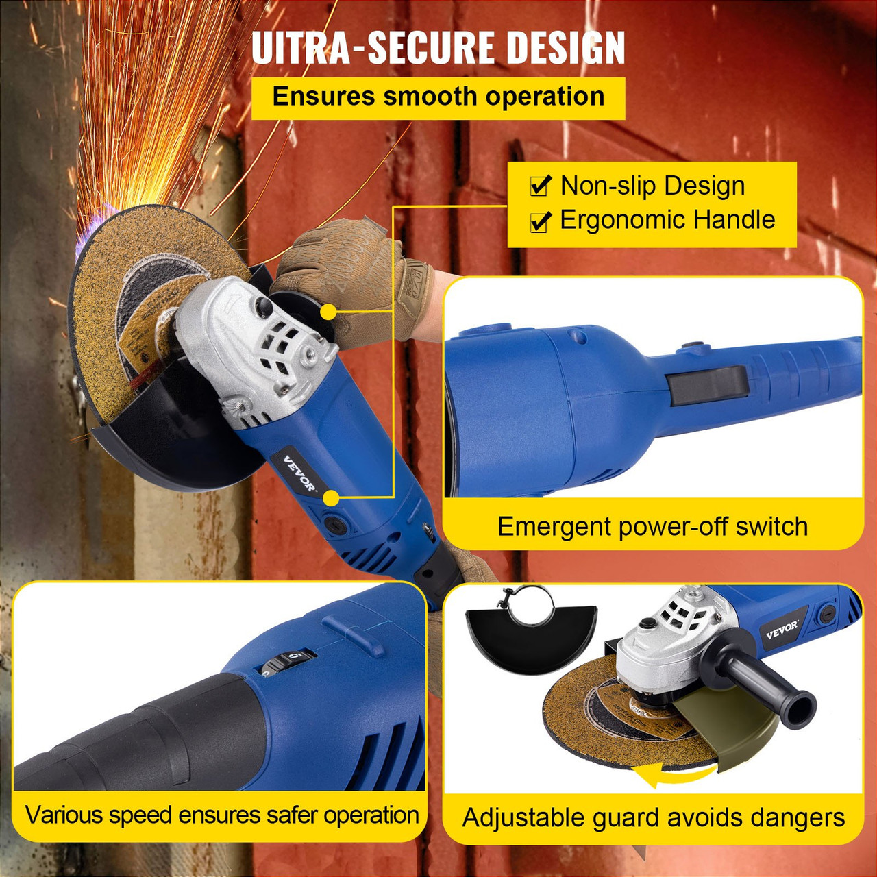 Angle Grinder, 9 Inch Powerful Grinder Tool 15 Amp Power Grinder with Variable Speed and 360ø Rotational Guard, 8000rpm Power Angle Grinders for Cutting and Grinding Metal, Stone, Wood, etc