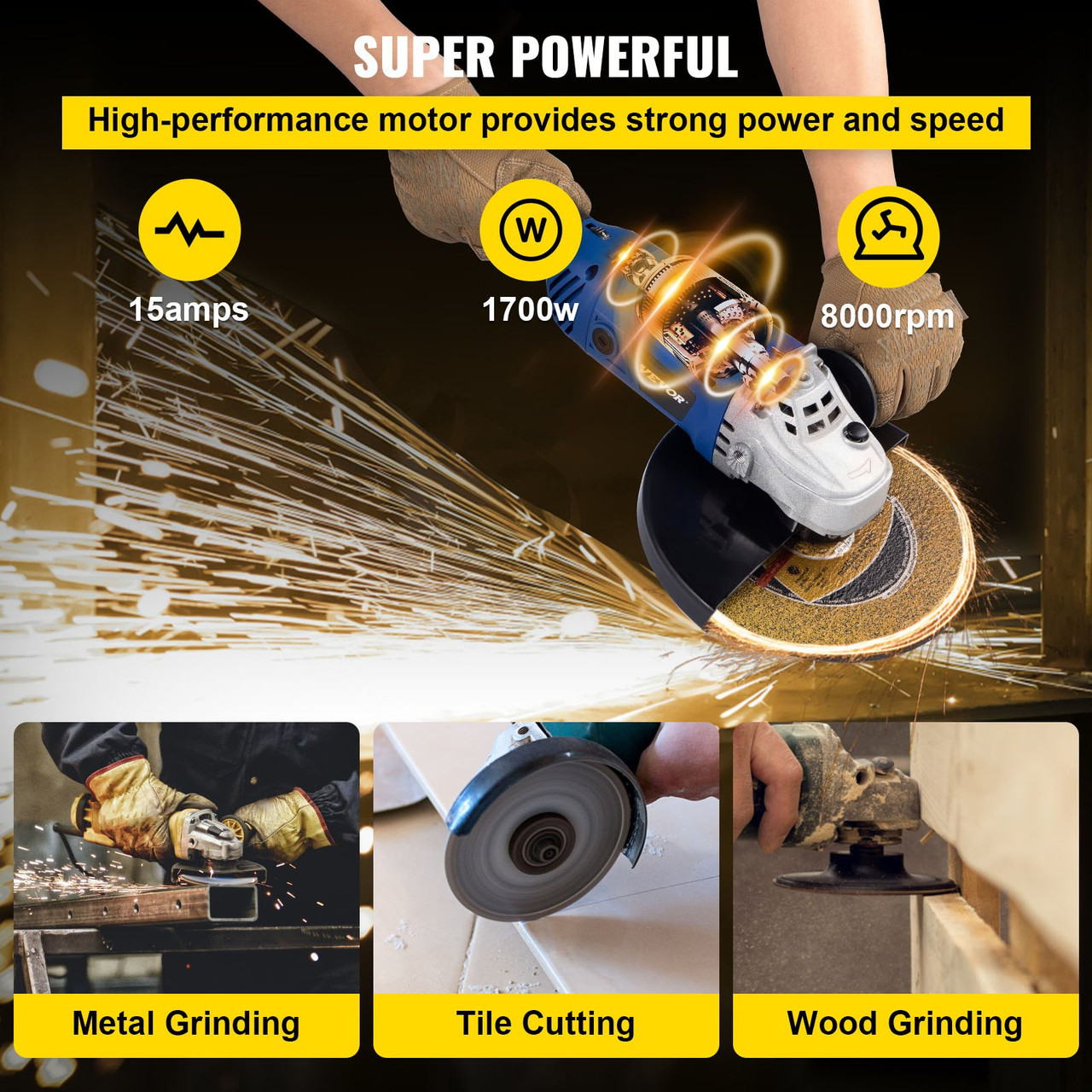 Angle Grinder, 9 Inch Powerful Grinder Tool 15 Amp Power Grinder with Variable Speed and 360ø Rotational Guard, 8000rpm Power Angle Grinders for Cutting and Grinding Metal, Stone, Wood, etc
