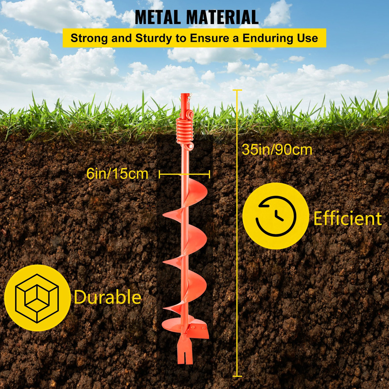 Auger Drill, 6'' (D) x 35'' (L) Garden Auger Drill Bit with Shock Absorbing Spring, Drill Auger for 7/8" Drill, Heavy Duty Garden Auger for Planting Bulbs and Bedding Plants, Digging Hole