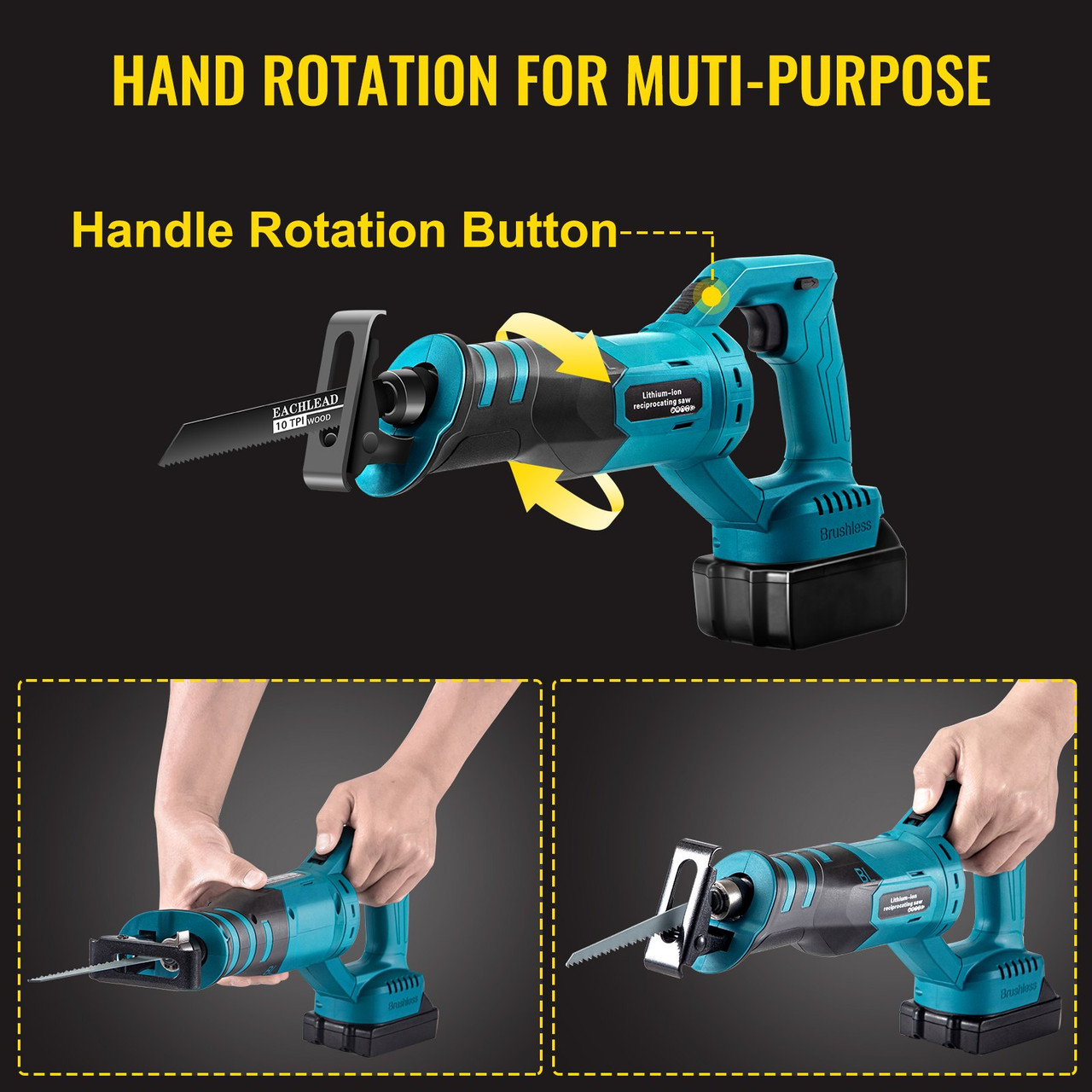 Cordless Reciprocating Saw, 18V Max Reciprocating Saw, 1 Battery Brushless Reciprocating Saw Kit, Powerful Variable Speed 180ø Rotation Reciprocating Saw with 4 Blades for Wood & Metal Cutting