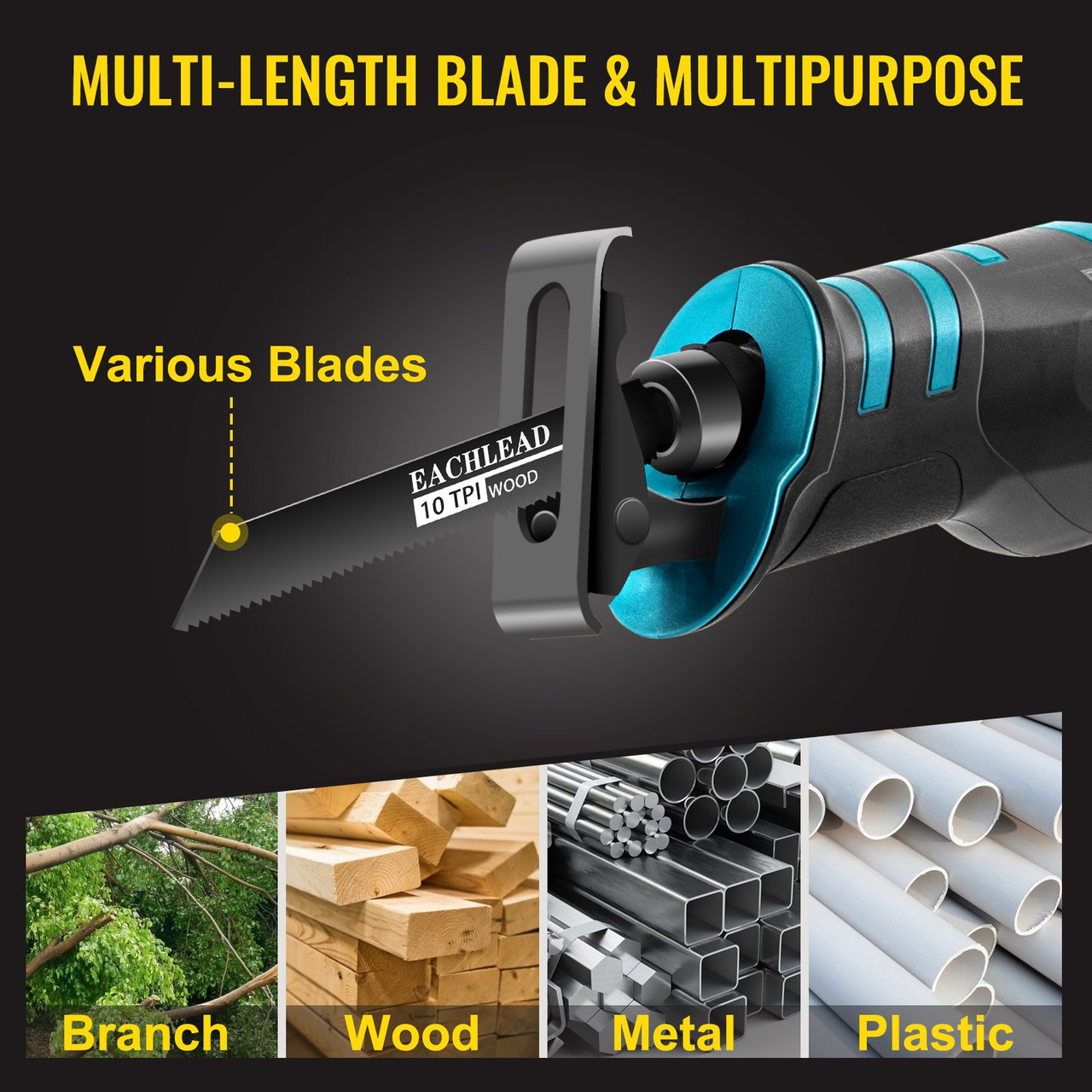 Cordless Reciprocating Saw, 18V Max Reciprocating Saw, 1 Battery Brushless Reciprocating Saw Kit, Powerful Variable Speed 180Ã¸ Rotation Reciprocating Saw with 4 Blades for Wood & Metal Cutting