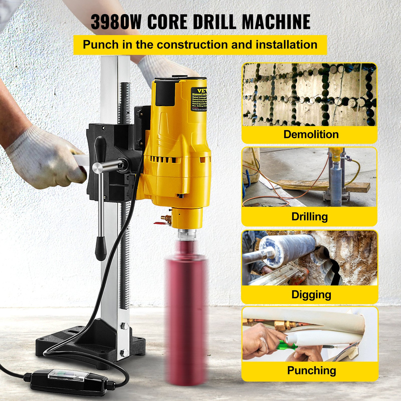 Diamond Core Drilling Machine, 8'/205 mm Capacity 3980W Concrete Core Drill for Concrete, Brick, Block, and Stone, Bench Drill Stand with Travel Distance 19'/483 mm