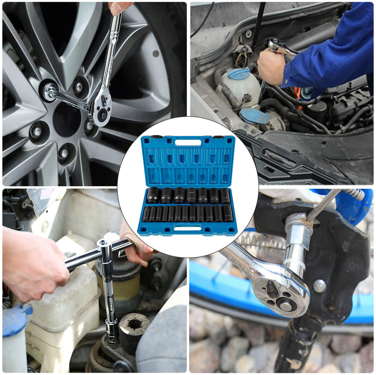 Impact Socket Set 1/2 Inches 19 Piece Impact Sockets, Deep Socket, 6-Point Sockets, Rugged Construction, Cr-V, 1/2 Inches Drive Socket Set Impact 3/8 inch - 1-1/2 inch, with a Storage Cage