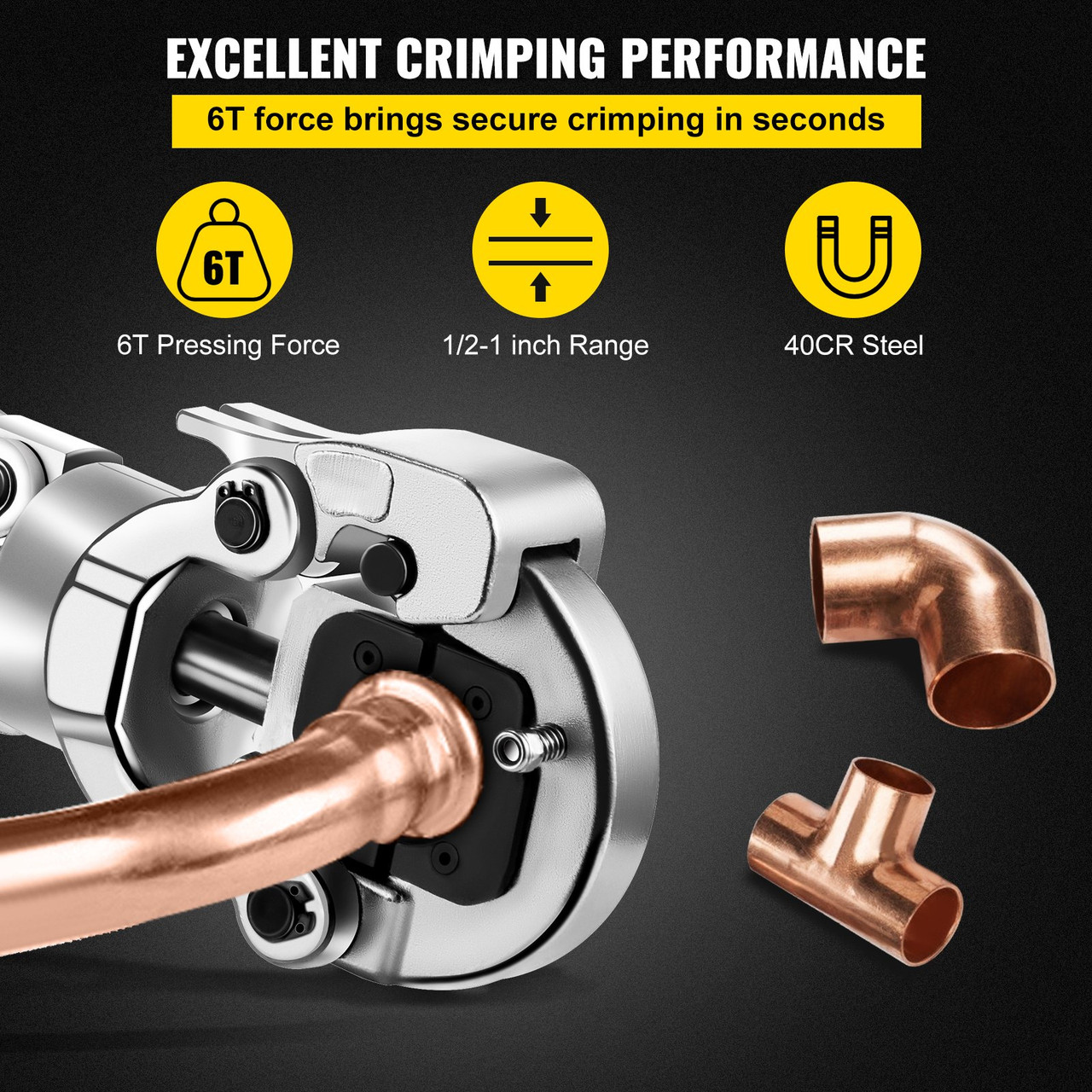 Pipe Press Crimping Tool, 1/2 3/4 1 Copper Tube Fittings Crimping Tool,  6 Ton