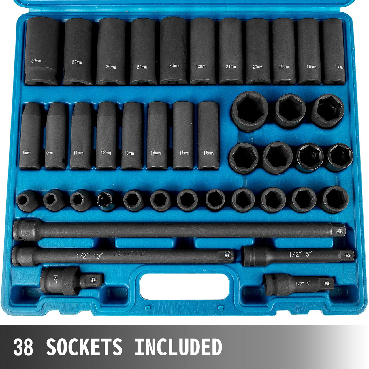 Impact Socket Set 1/2 Inch 43 Pcs Standard/Deep 9 to 30 MM 6-Point Extension Bar