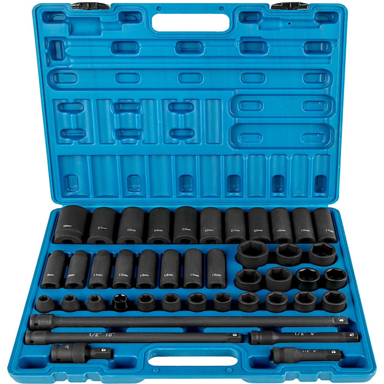 Impact Socket Set 1/2 Inch 43 Pcs Standard/Deep 9 to 30 MM 6-Point Extension Bar