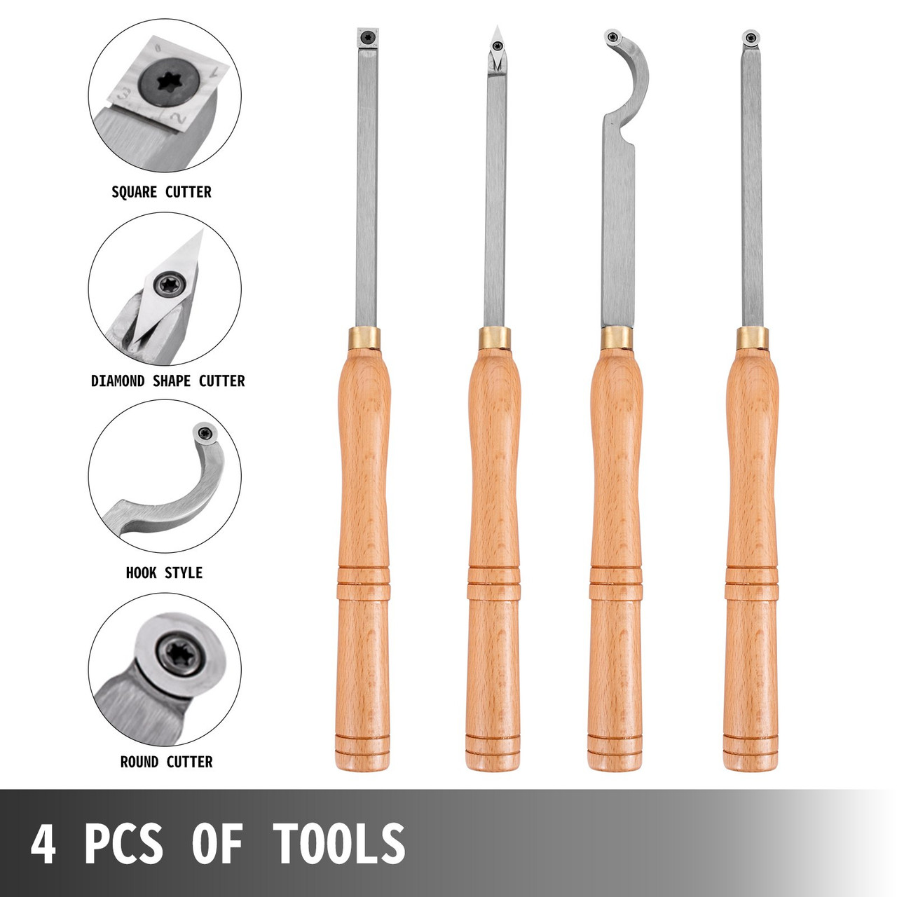 VEVOR Wood Turning Tools for Lathe 4 Pcs Set, Carbide Lathe Tools with Diamond Shape, Round, Square Cutters, Turning Lathe Chisels with Comfortable