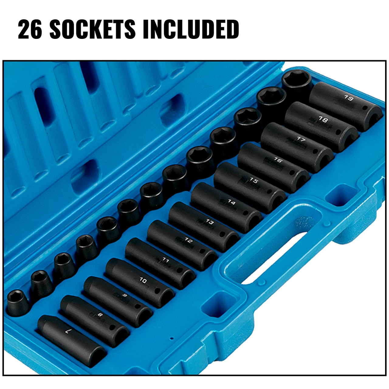 Impact Socket Set 3/8 Inches 26 Piece Impact Sockets, Deep / Standard Socket, 6-Point Sockets, Rugged Construction, Cr-V Socket Set Impact Metric 9mm - 30mm, with a Storage Cage