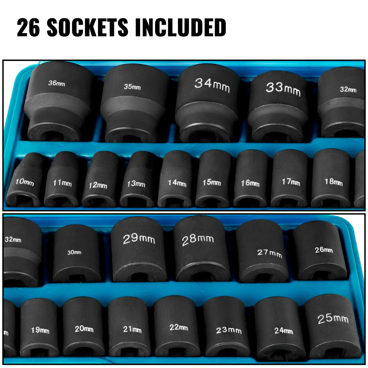 Impact Socket Set 1/2 Inches 26 Piece Impact Sockets, Shallow Socket, 6-Point Sockets, Rugged Construction, CR-M0, 1/2 Inches Drive Socket Set Impact Metric 10mm - 36mm, with a Storage Cage