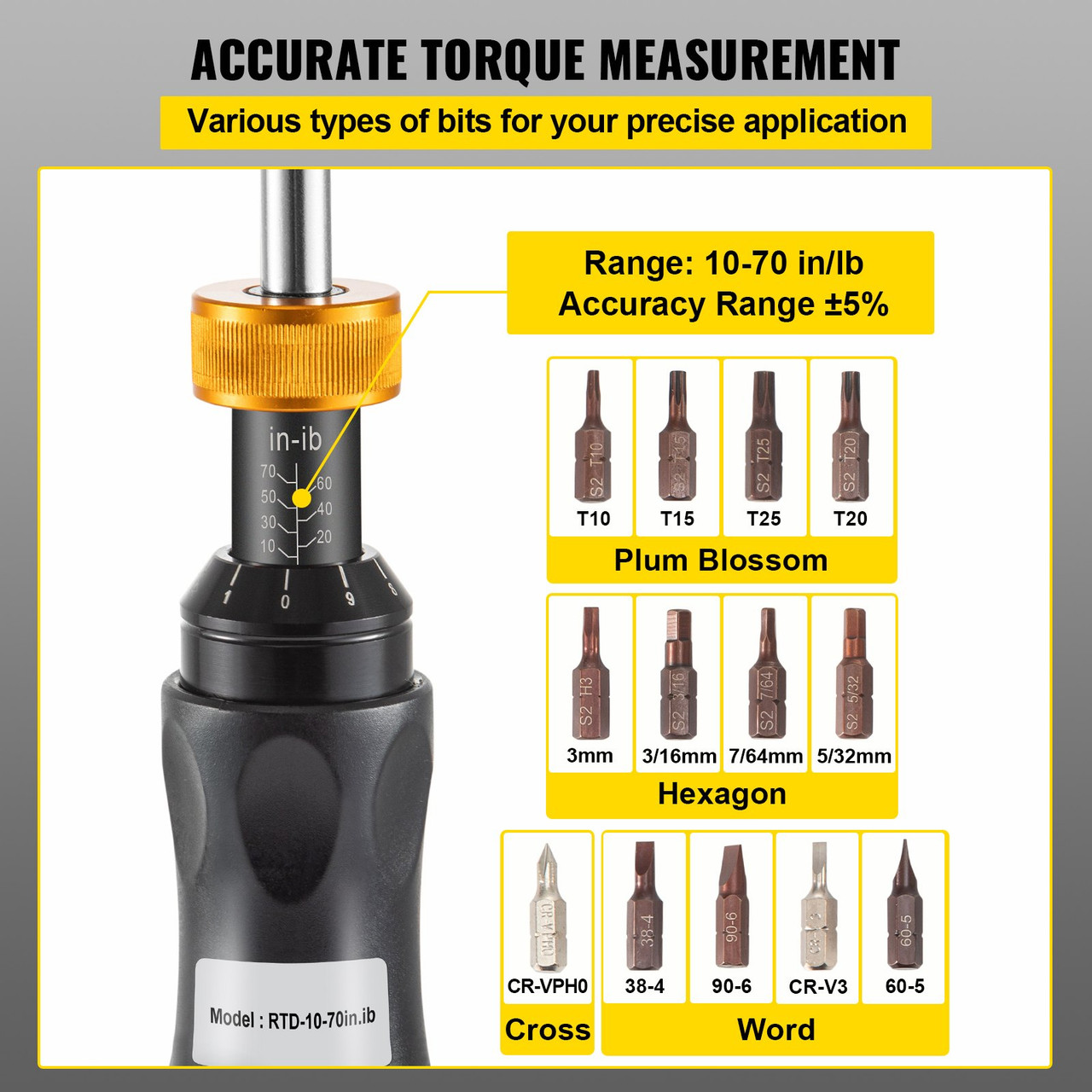 Torque Screwdriver, 1/4" Drive Screwdriver Torque Wrench, Torque Screwdriver Electrician 10-70 in/lbs Torque Range Accurate to ñ5%, Adjustable inch Pound Torque Screwdriver with Bits & Case