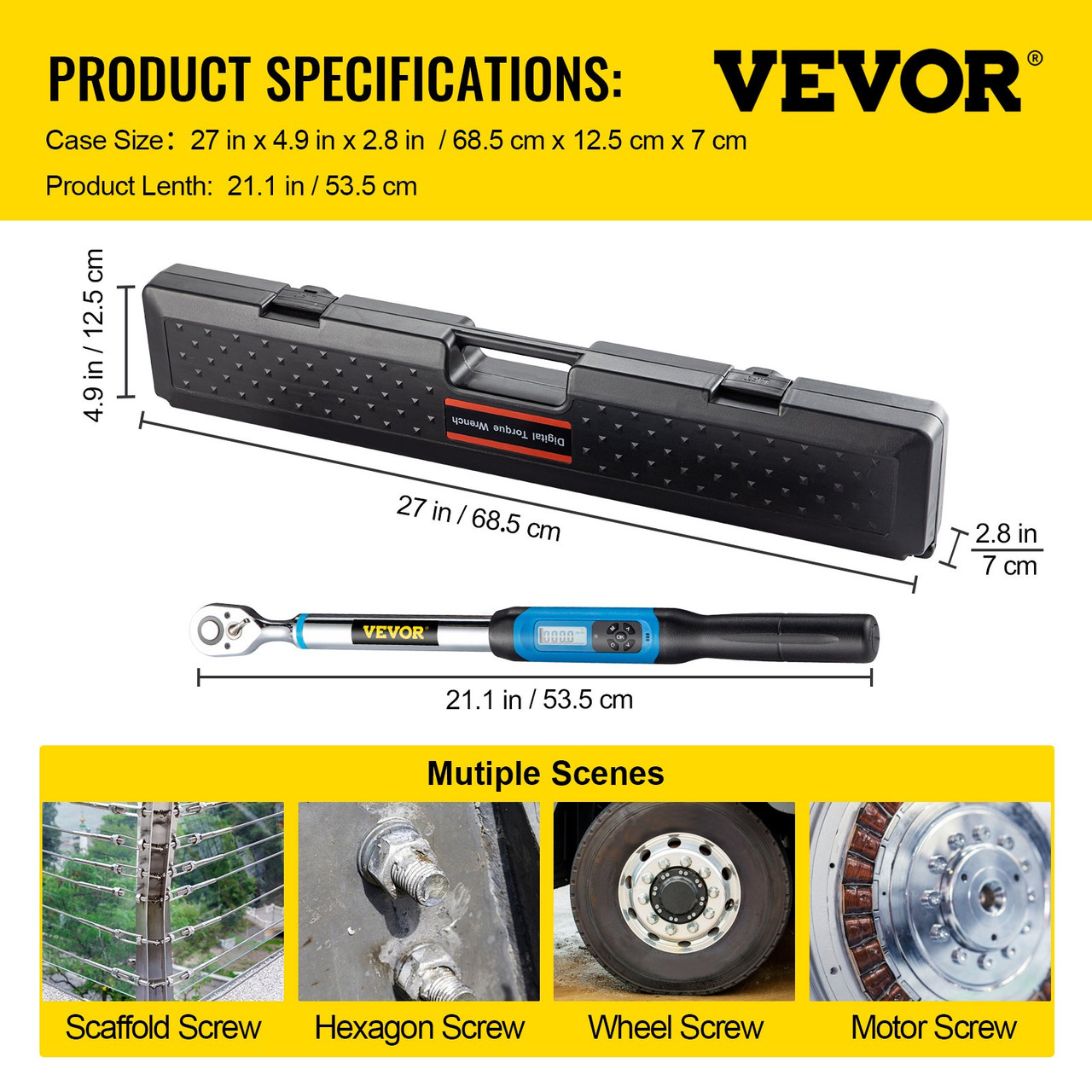 Digital Torque Wrench, 1/2" Drive Electronic Torque Wrench, Torque Wrench Kit 7.47-147.5 ft-lb Torque Range Accurate to ñ2%, Adjustable Torque Wrench w/LED Display and Buzzer, Socket Set & Case