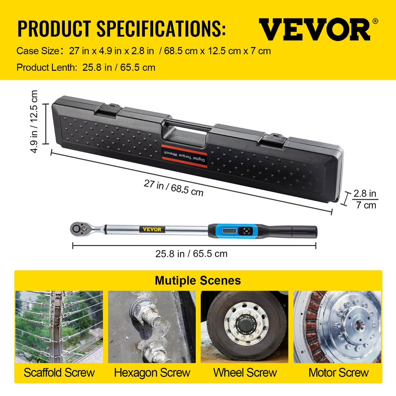 Digital Torque Wrench 1/2" Drive 12.5-250.7 Ft-lb Adjustable Torque Wrench