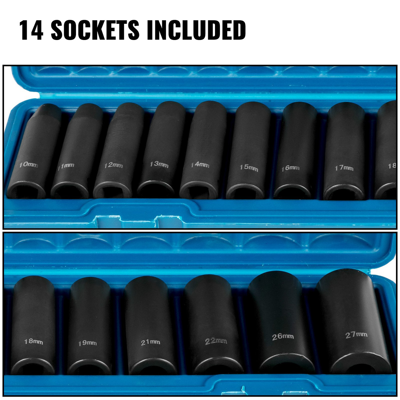 Impact Socket Set 1/2 Inch 14 Piece Impact Sockets, Deep Socket, 6-Point Sockets, Rugged Construction, Cr-V, 1/2 Inch Drive Socket Set Impact Metric 10mm - 27mm, with a Storage Cage