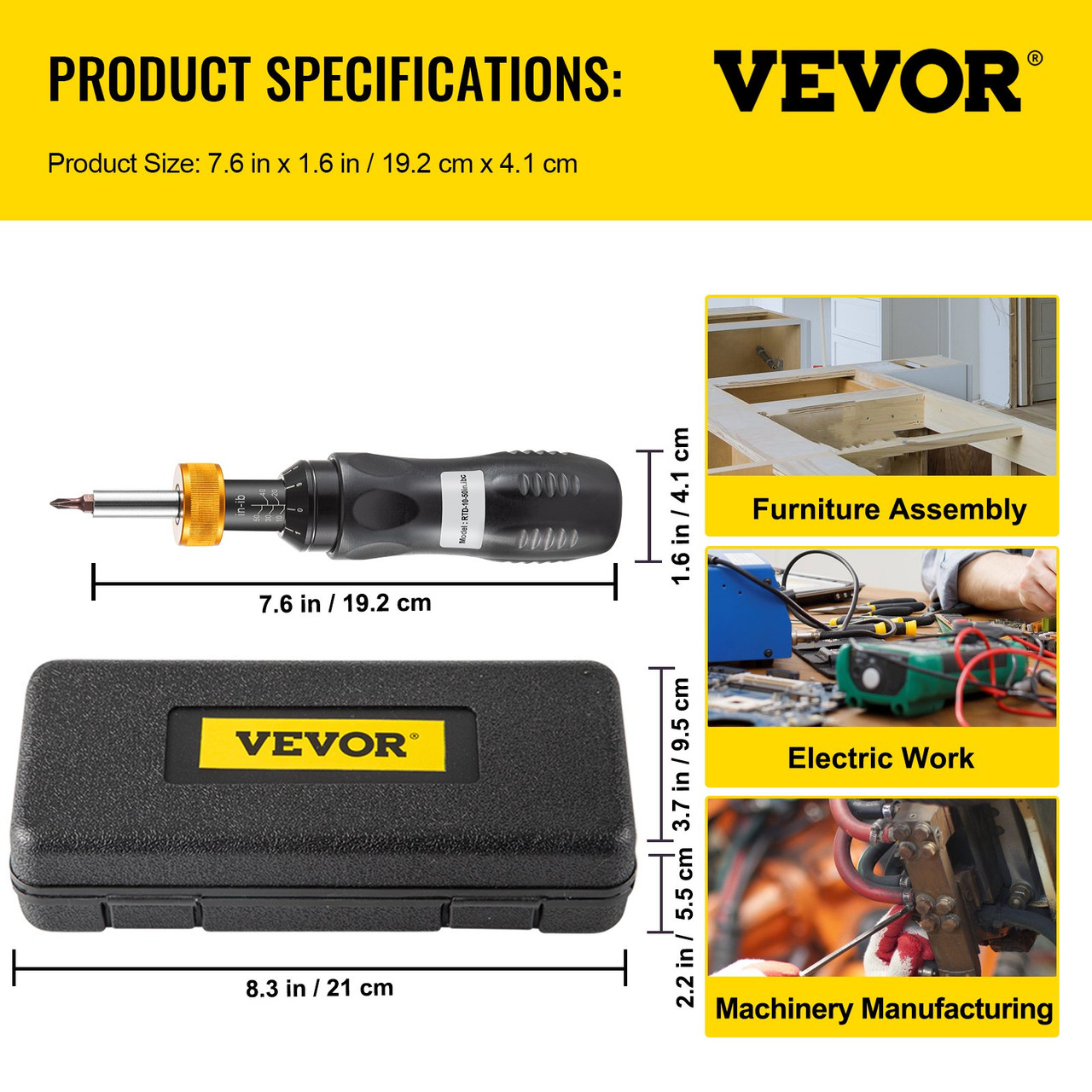 Torque Screwdriver, 1/4" Drive Screwdriver Torque Wrench, Torque Screwdriver Electrician 10-50 in/lbs Torque Range Accurate to ñ5%, 1/4 to 1/2 Conversion Head with Bits & Case