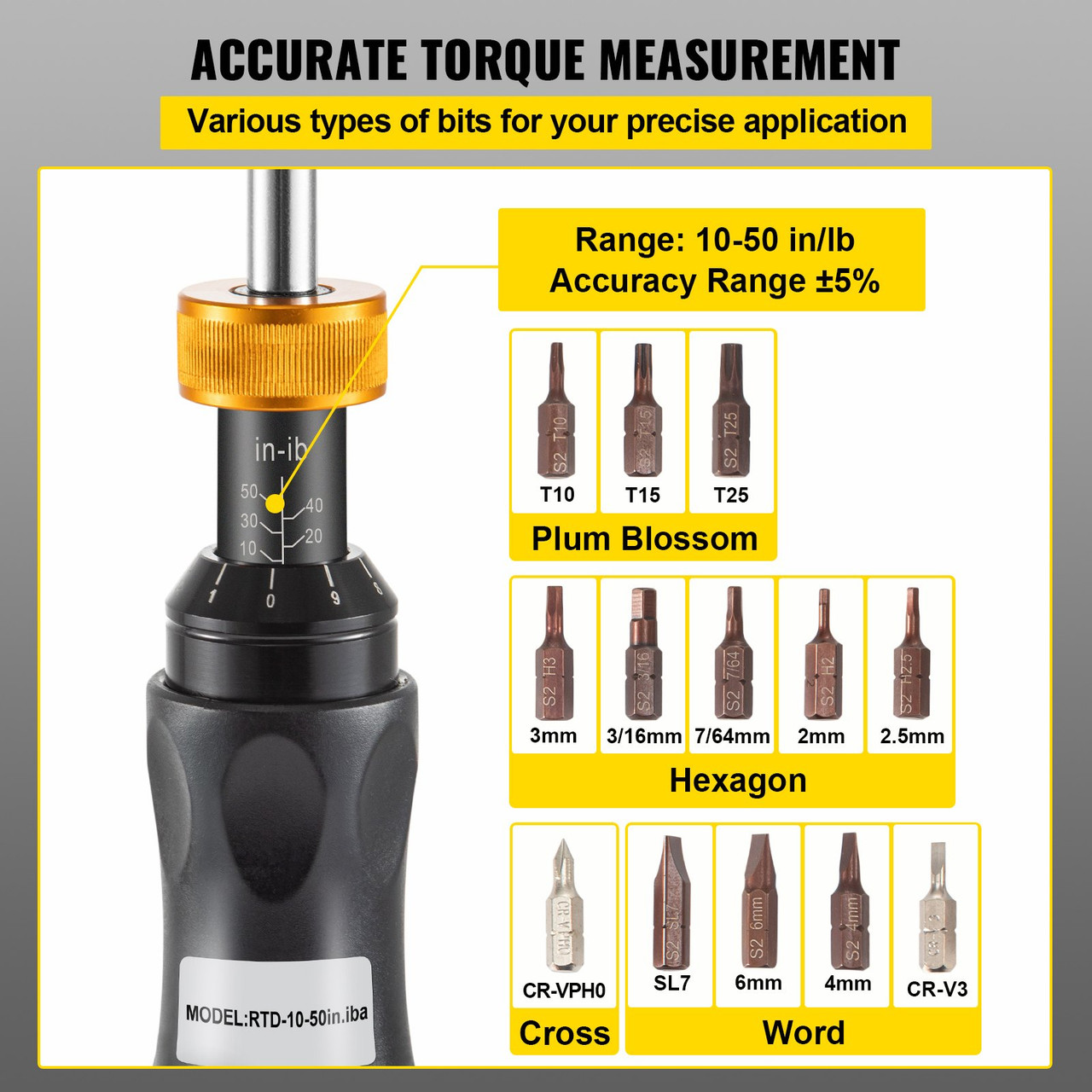Torque Screwdriver, 1/4" Drive Screwdriver Torque Wrench, Torque Screwdriver Electrician 10-50 in/lbs Torque Range Accurate to Ã±5%, 1/4 to 1/2 Conversion Head with Bits & Case
