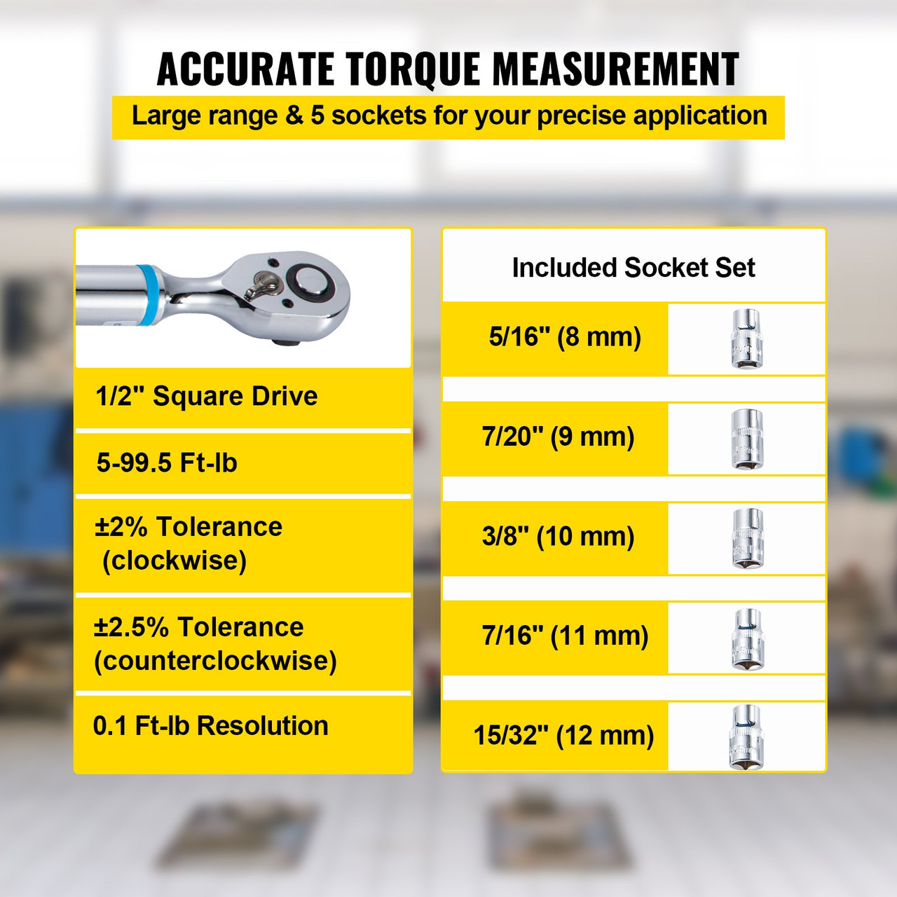 Digital Torque Wrench, 1/2" Drive Electronic Torque Wrench, Torque Wrench Kit 5-99.5 ft-lbs Torque Range Accurate to Ã±2%, Adjustable Torque Wrench with LED Display and Buzzer, Socket Set & Case