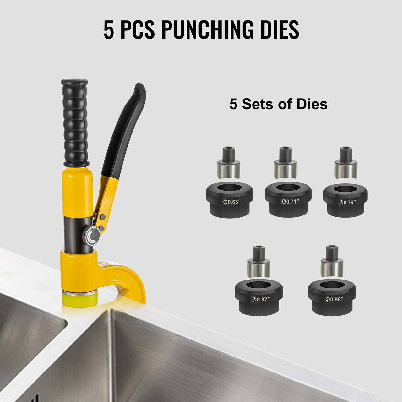 Hydraulic Hole Punching Machine, 6 Ton Manual Hole Digger Punch, Portable Metal Hole Digger Hydraulic Punch Kit with 5 Punch Dies 0.63 to 0.98 Inch for Iron Stainless Steel Aluminum Plates