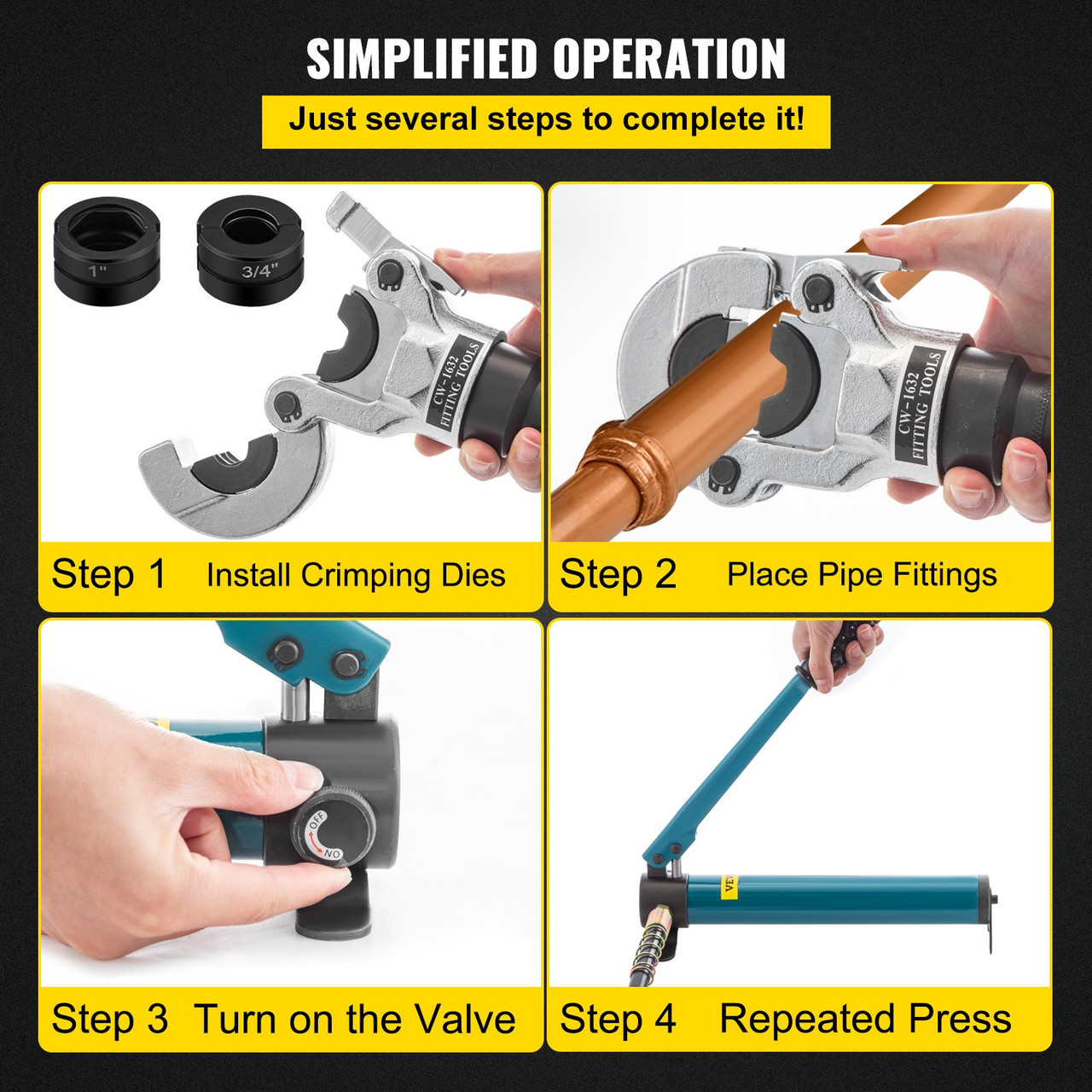 Hydraulic Pipe Crimping Tool, 8T Hydraulic Copper Tube Fittings Crimper,  Copper Pipe Crimper 40CR Steel, Copper