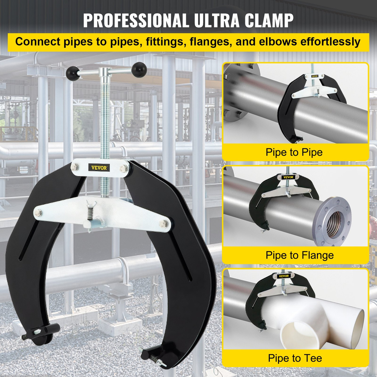 Pipe Clamp, 5 to 12 in, High Strength Ultra Clamp with Quick Acting Screws, Steel Pipe Alignment Tool with Lightweight Design, Black