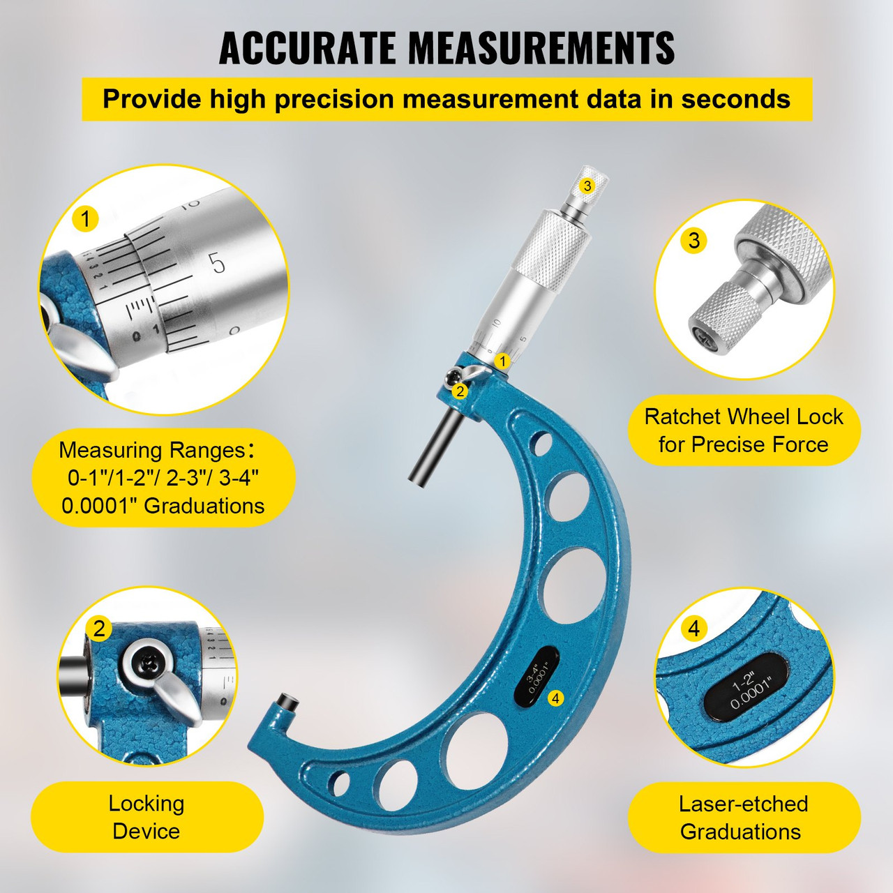 VEVOR Outside Micrometer Set 0-4 Machinist Micrometer 0.0001 Graduation Micrometer Set 4 Pcs Machinist Tool Set Alloy Precision Micrometer