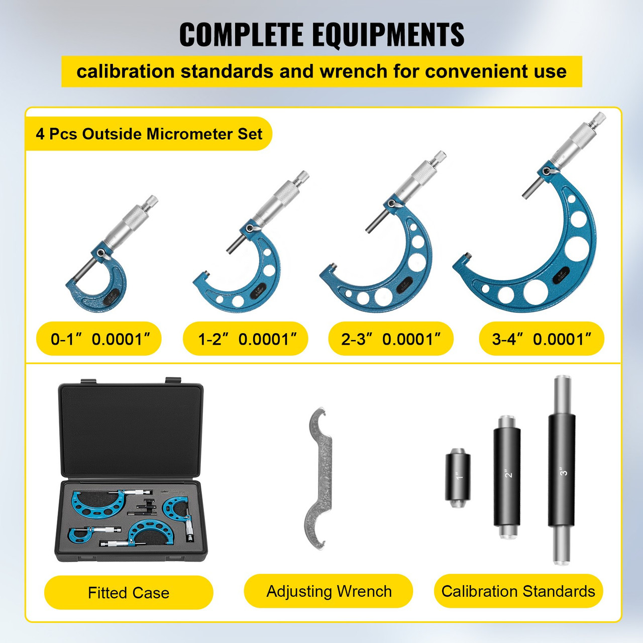 Outside Micrometer Set, 0-4" Machinist Micrometer, 0.0001" Graduation Micrometer Set, 4 Pcs Machinist Tool Set, Alloy Precision Micrometer, Laser-Etched Micrometer Standard Set with Fitted Case