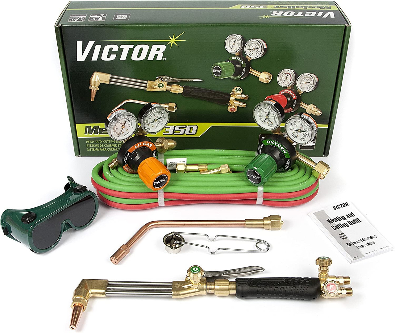 Victor 0384-2692 Medalist HD Acetylene Cutting and Welding System, 350 Series, Color Coded Gas Regulators, Handle, Cutting Attachment, Goggles, Striker, up to 6" Cutting, 3" Welding