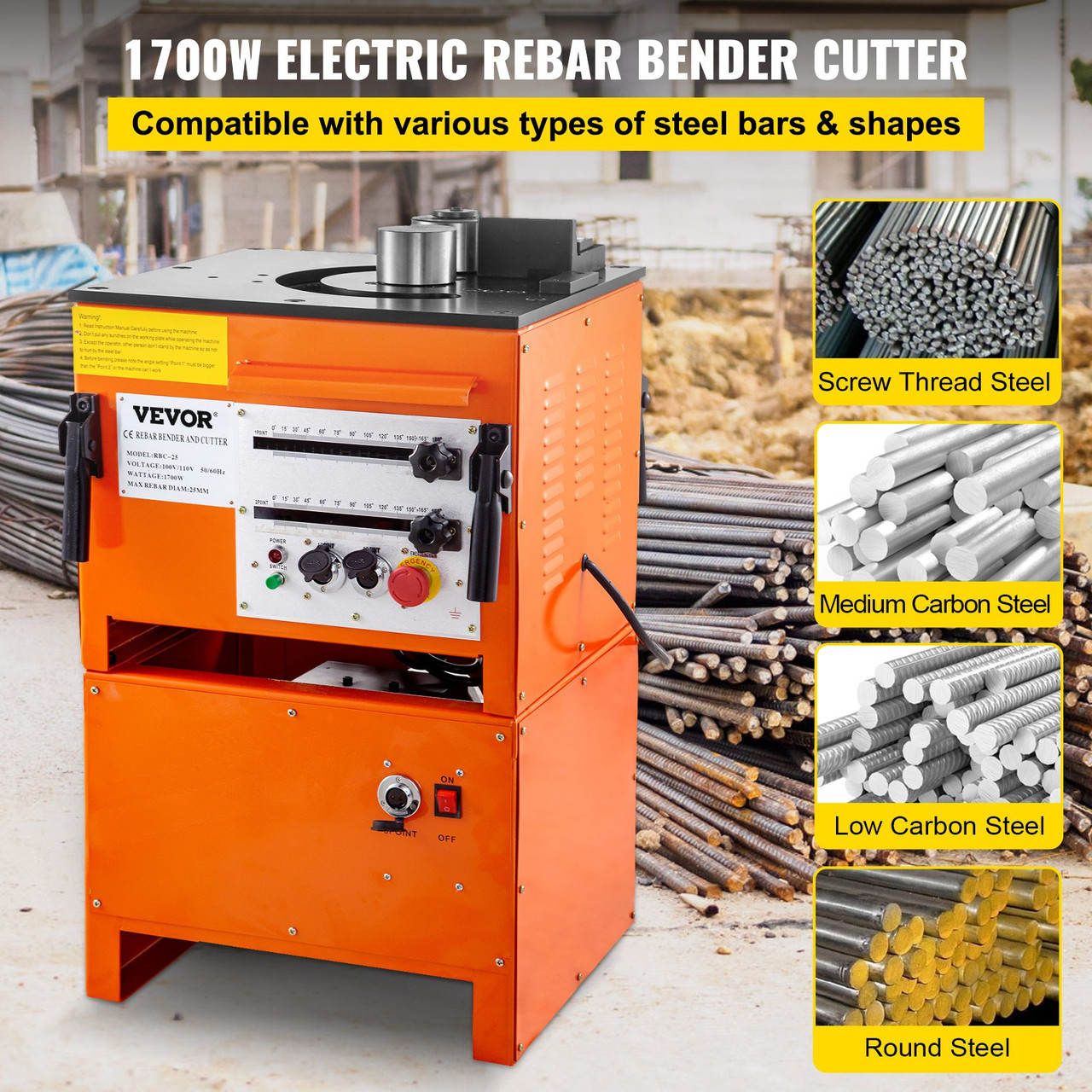 Hydraulic Rebar Bender 1700 Wattage Electric Rebar Bender and Cutter, 1''/25 mm Max Rebar Diameter, Rebar Steel Bender and Cutter Machine, Bending Machine For Bending Rebar, Steel Bar, Steel Rod